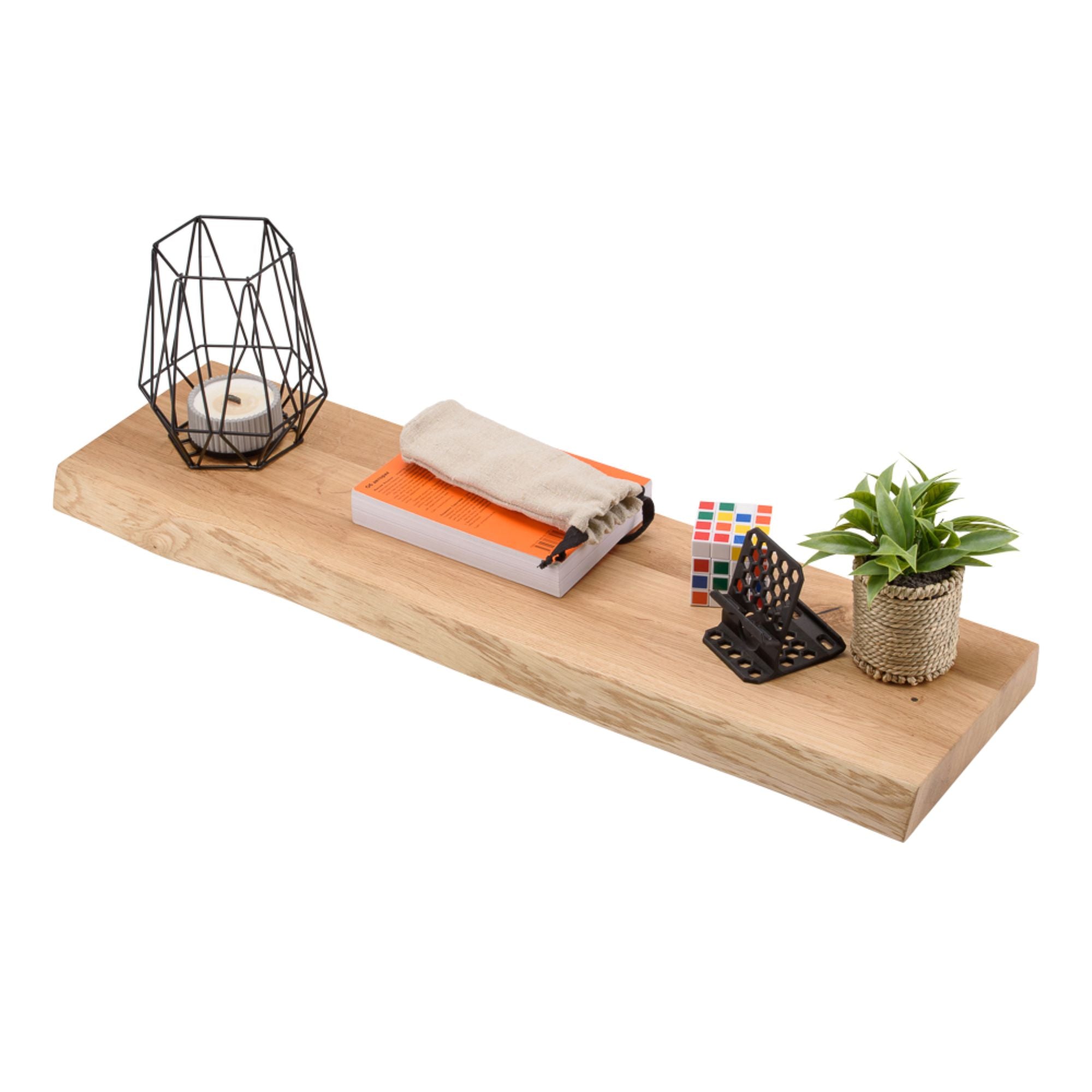 Wandregal Eiche massiv 4 cm Stärke mit Baumkante und gerade Kante – 22cm Tief – in 60-120 cm Länge – schwebendes Regal mit unsichtbarer Befestigung – Massivholz Regalbrett, Bücherregal – Kratzfest & natürlich geölt