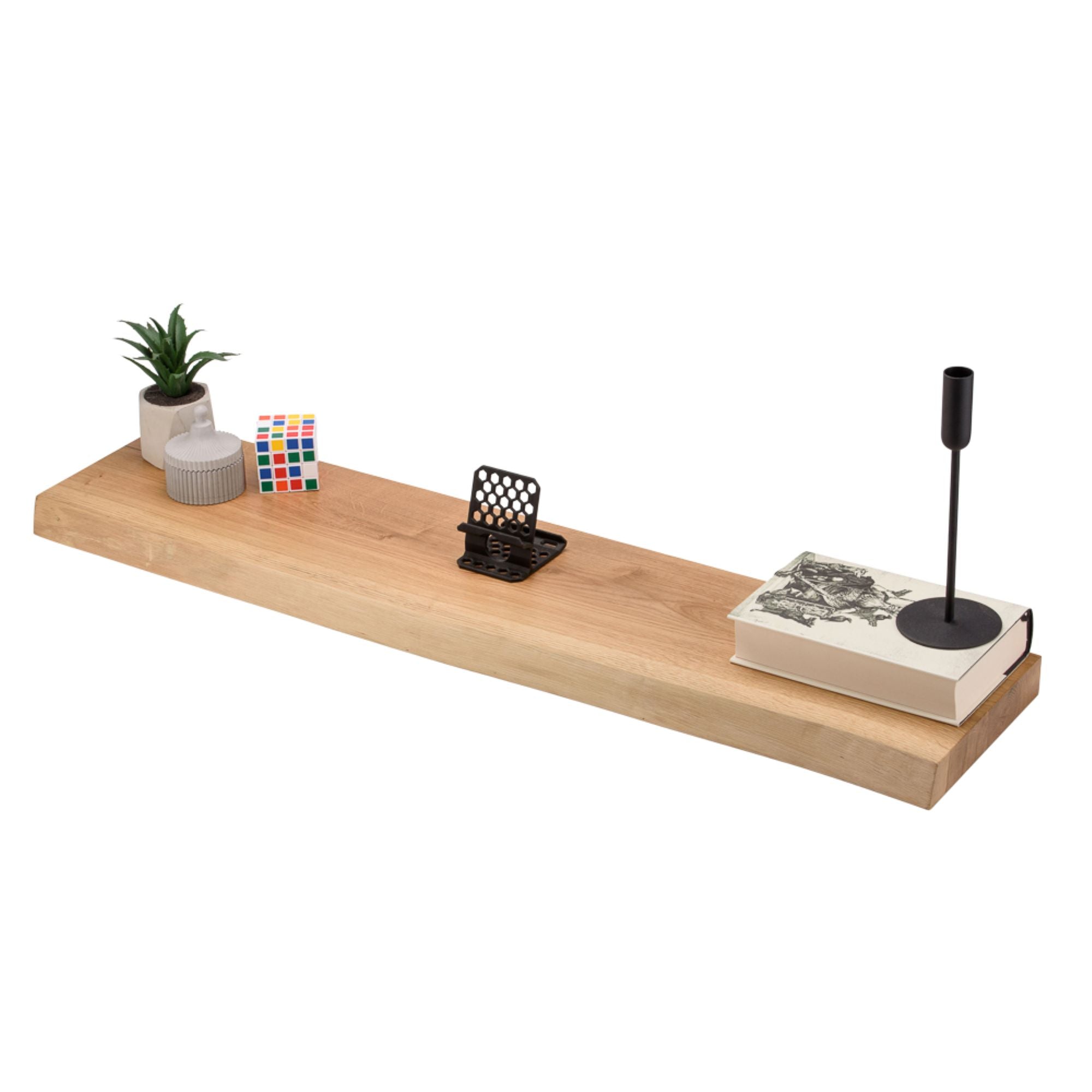 Wandregal Eiche massiv 4 cm Stärke mit Baumkante und gerade Kante – 22cm Tief – in 40-120 cm Länge – schwebendes Regal mit unsichtbarer Befestigung – Massivholz Regalbrett, Bücherregal – Kratzfest & natürlich geölt