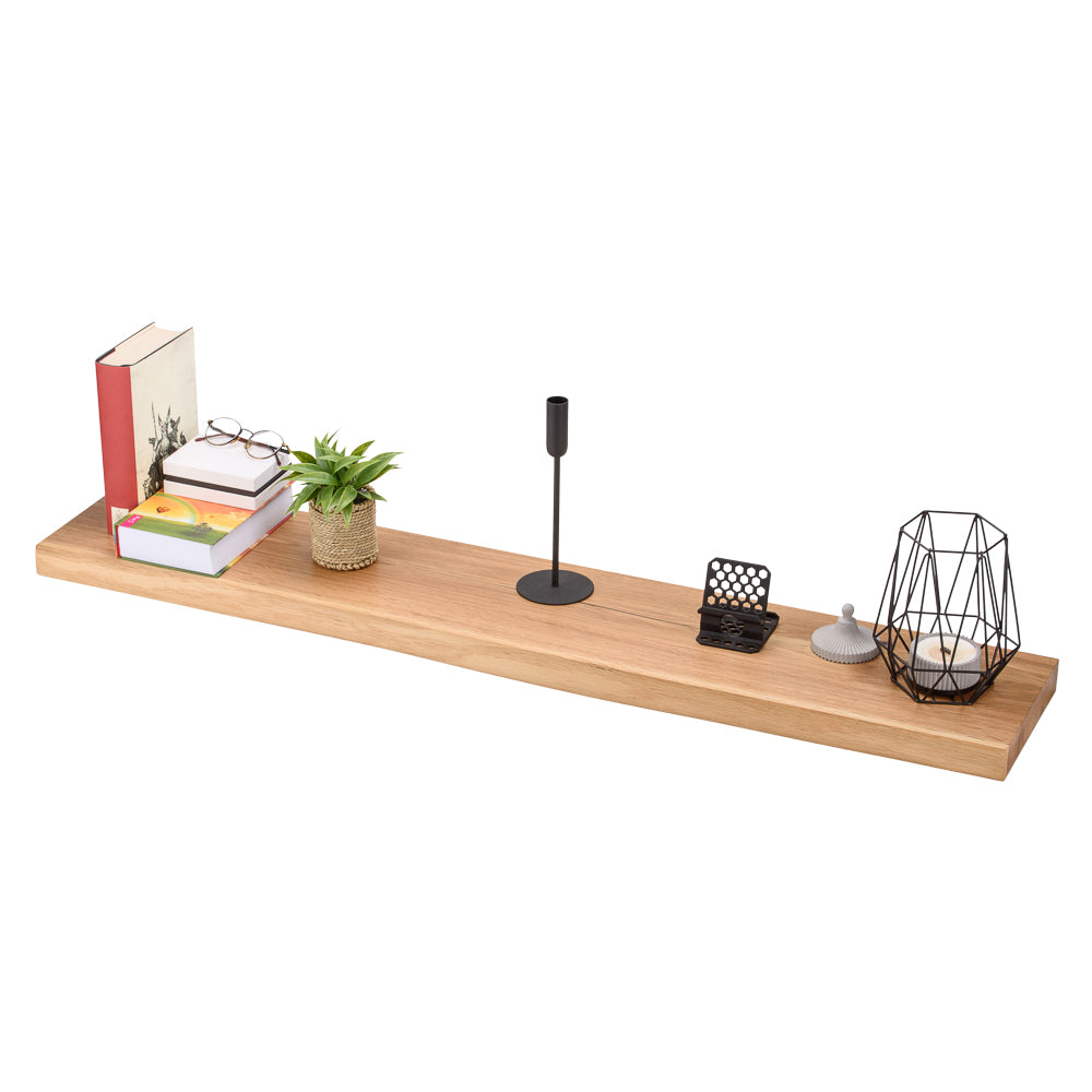 Wandregal Eiche massiv 4 cm Stärke mit Baumkante und gerade Kante – 22cm Tief – in 60-120 cm Länge – schwebendes Regal mit unsichtbarer Befestigung – Massivholz Regalbrett, Bücherregal – Kratzfest & natürlich geölt