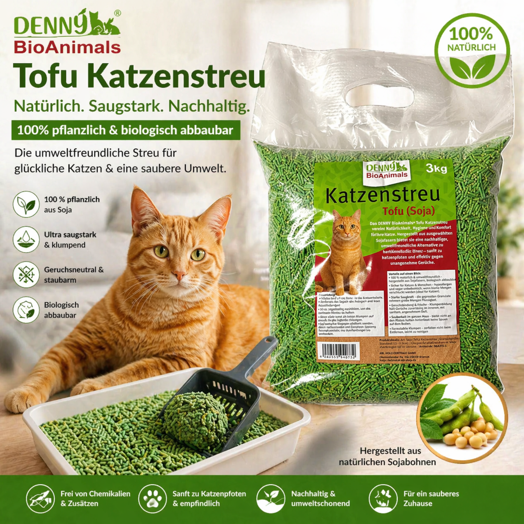 Denny BioAnimals® SET Katzenstreu 18 kg (9 kg Tofu + 9 kg Mais) (1 Tutte 3 kg Mais kostenlos) – natürlich & biologisch abbaubar – saugstark, klumpend, staubfrei & geruchsneutral – nachhaltige Katzenstreu aus Pflanzenfasern.