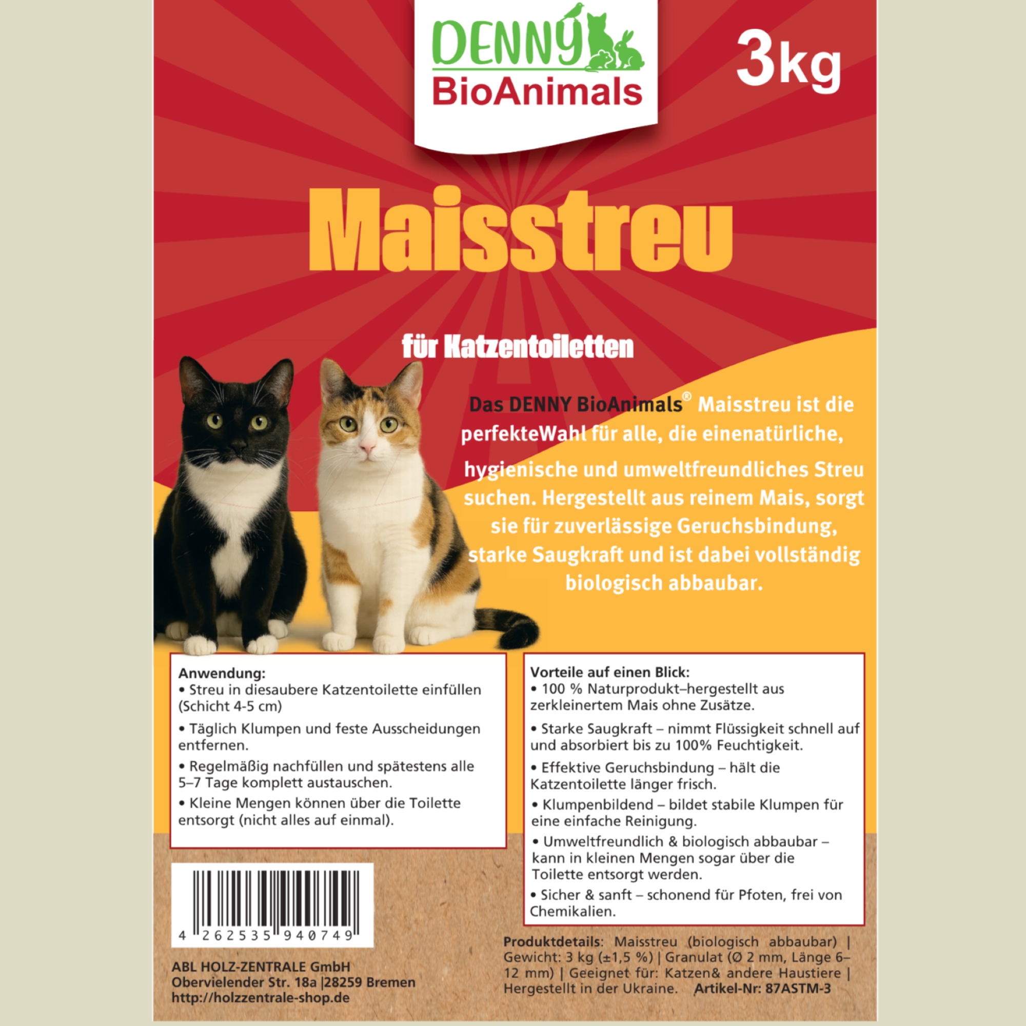 Denny BioAnimals® SET Katzenstreu 18 kg (9 kg Tofu + 9 kg Mais) (1 Tutte 3 kg Mais kostenlos) – natürlich & biologisch abbaubar – saugstark, klumpend, staubfrei & geruchsneutral – nachhaltige Katzenstreu aus Pflanzenfasern.