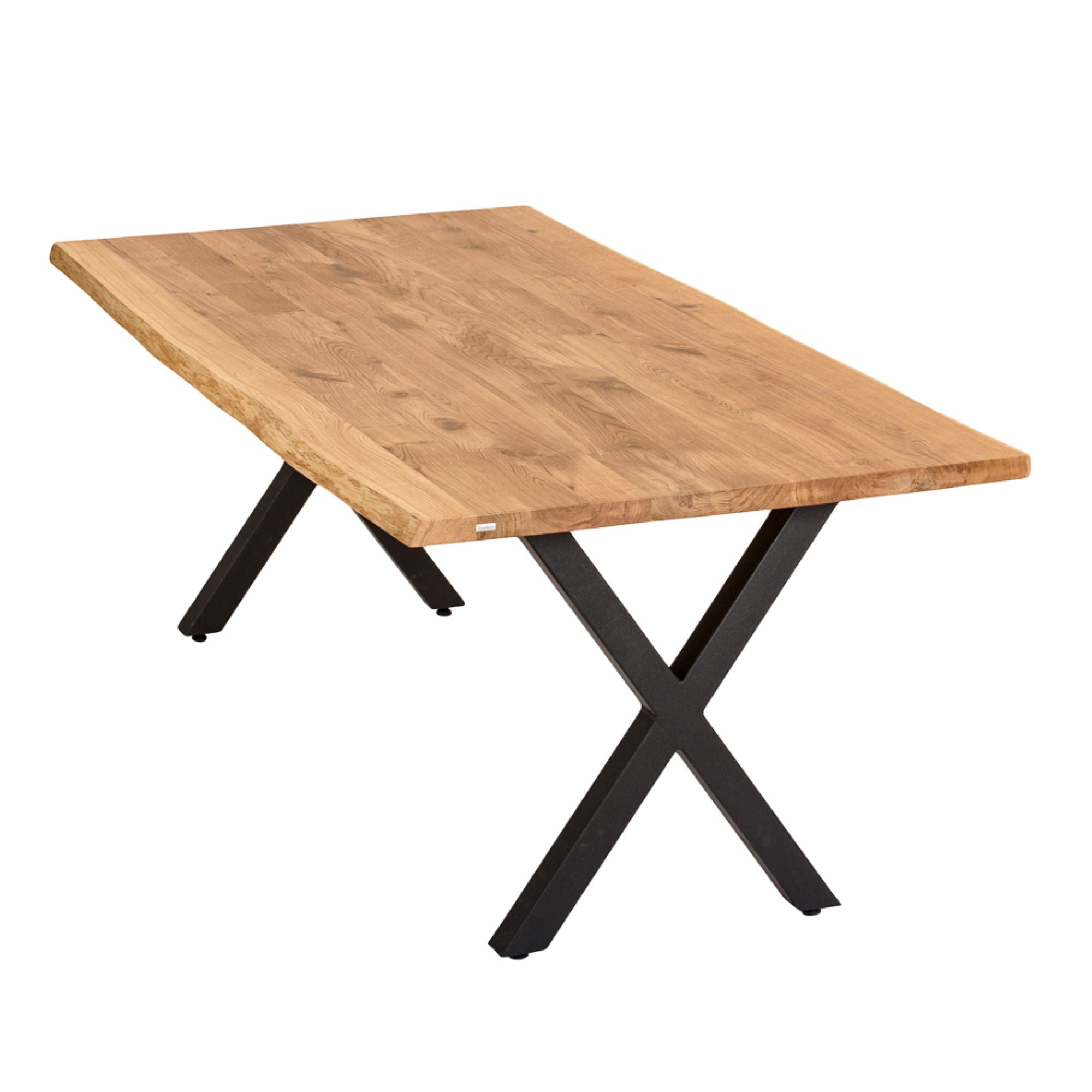 Massivholztisch Eiche  – Esszimmertisch mit 4 cm Tischplatte,  in 140-240 cm Länge,  mit Baumkante und gerade Kante &  X-Gestell aus Metall – moderner Esstisch Industrie-Design, handgefertigt, Kratzfest & natürlich geölt