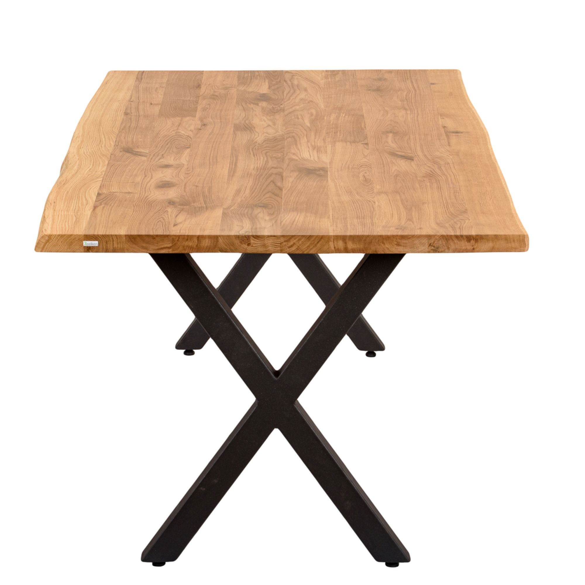 Massivholztisch Eiche  – Esszimmertisch mit 4 cm Tischplatte,  in 140-240 cm Länge,  mit Baumkante und gerade Kante &  X-Gestell aus Metall – moderner Esstisch Industrie-Design, handgefertigt, Kratzfest & natürlich geölt