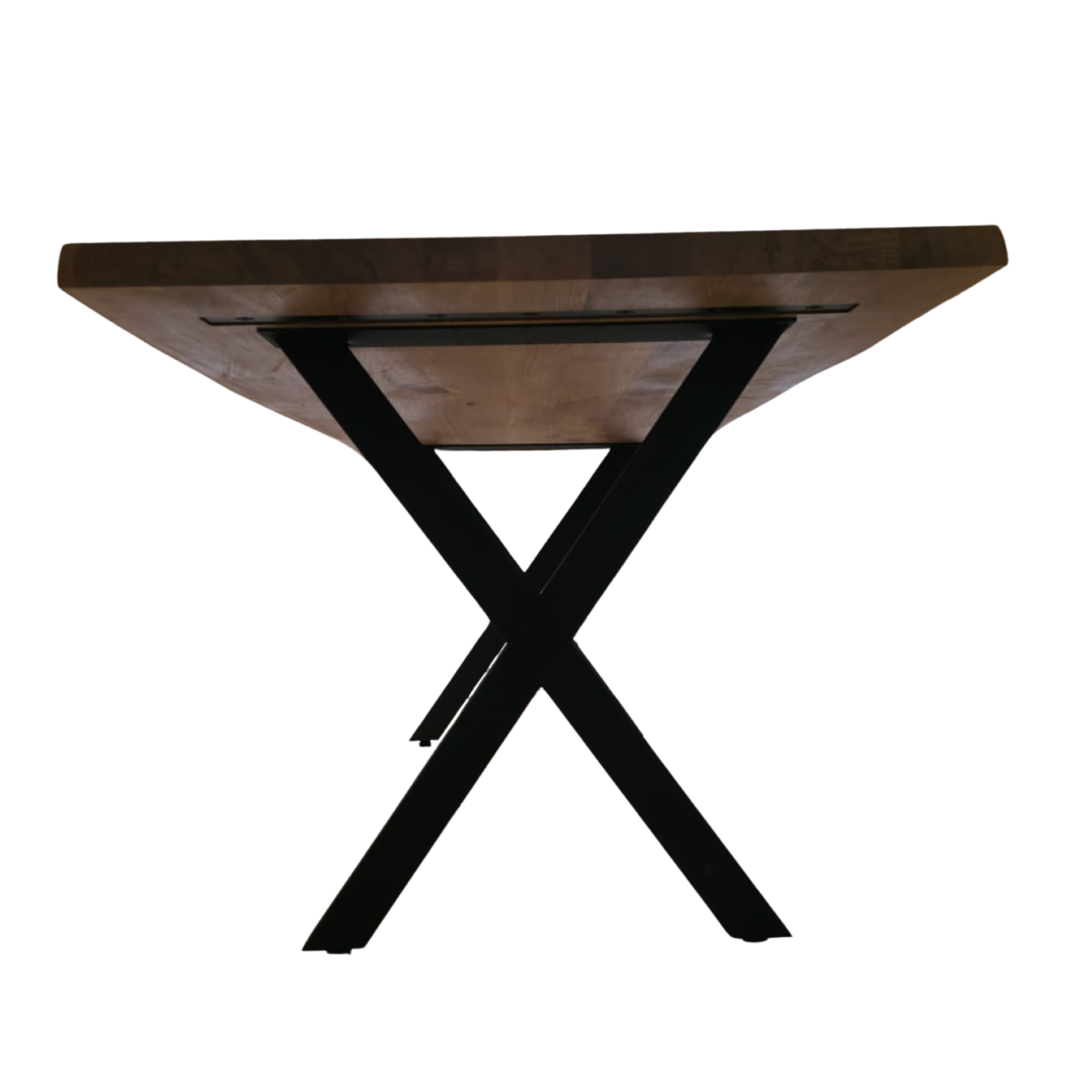 Massivholztisch Eiche  – Esszimmertisch mit 4 cm Tischplatte,  in 140-240 cm Länge,  mit Baumkante und gerade Kante &  X-Gestell aus Metall – moderner Esstisch Industrie-Design, handgefertigt, Kratzfest & natürlich geölt