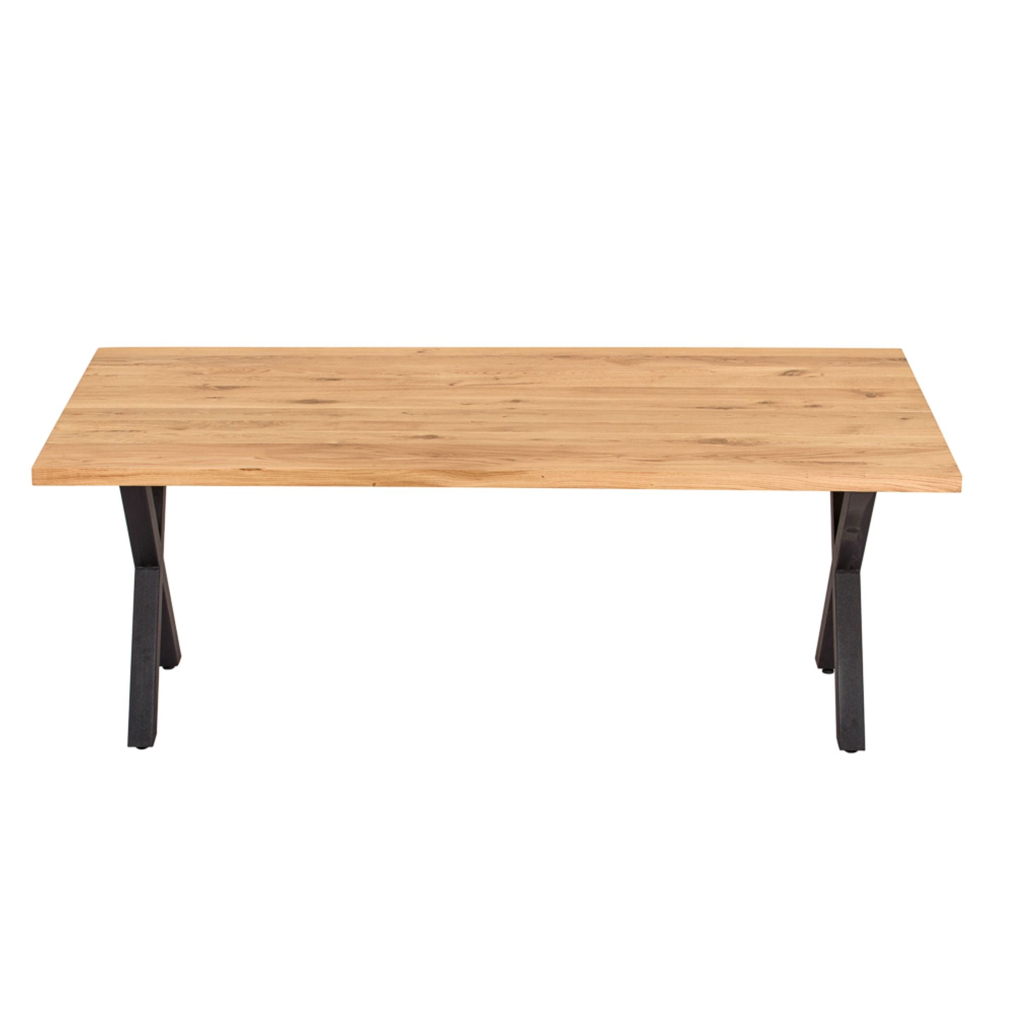 Massivholztisch Eiche  – Esszimmertisch mit 4 cm Tischplatte,  in 140-240 cm Länge,  mit Baumkante und gerade Kante &  X-Gestell aus Metall – moderner Esstisch Industrie-Design, handgefertigt, Kratzfest & natürlich geölt