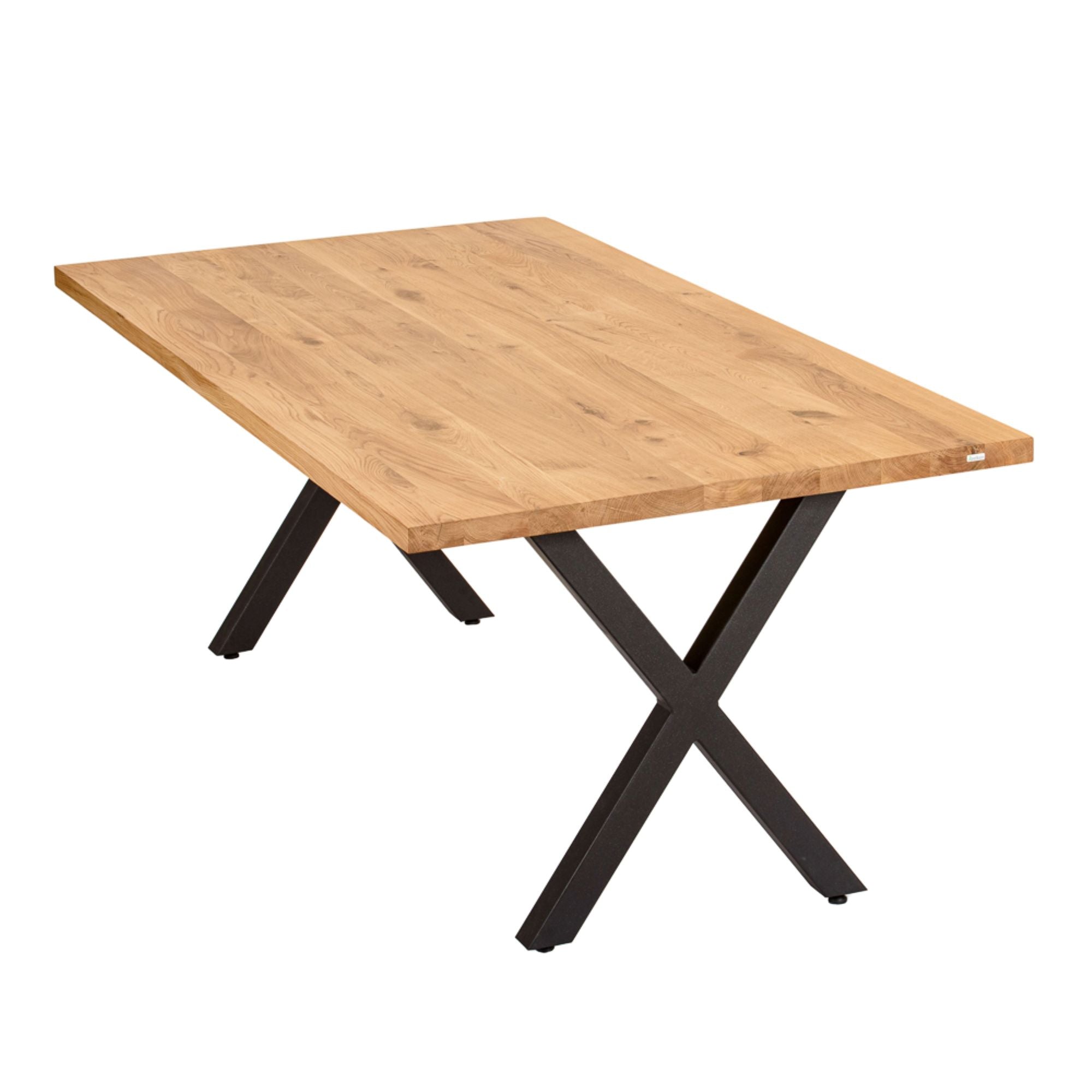 Massivholztisch Eiche  – Esszimmertisch mit 4 cm Tischplatte,  in 140-240 cm Länge,  mit Baumkante und gerade Kante &  X-Gestell aus Metall – moderner Esstisch Industrie-Design, handgefertigt, Kratzfest & natürlich geölt