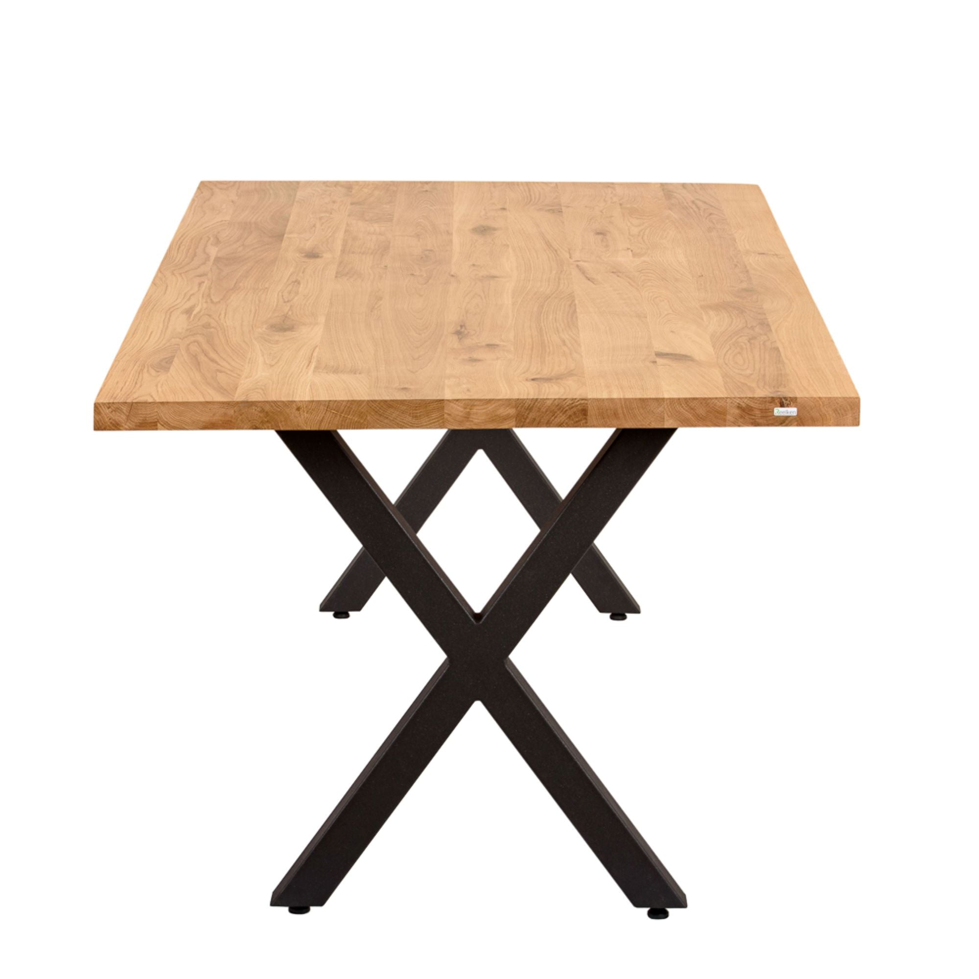 Massivholztisch Eiche  – Esszimmertisch mit 4 cm Tischplatte,  in 140-240 cm Länge,  mit Baumkante und gerade Kante &  X-Gestell aus Metall – moderner Esstisch Industrie-Design, handgefertigt, Kratzfest & natürlich geölt