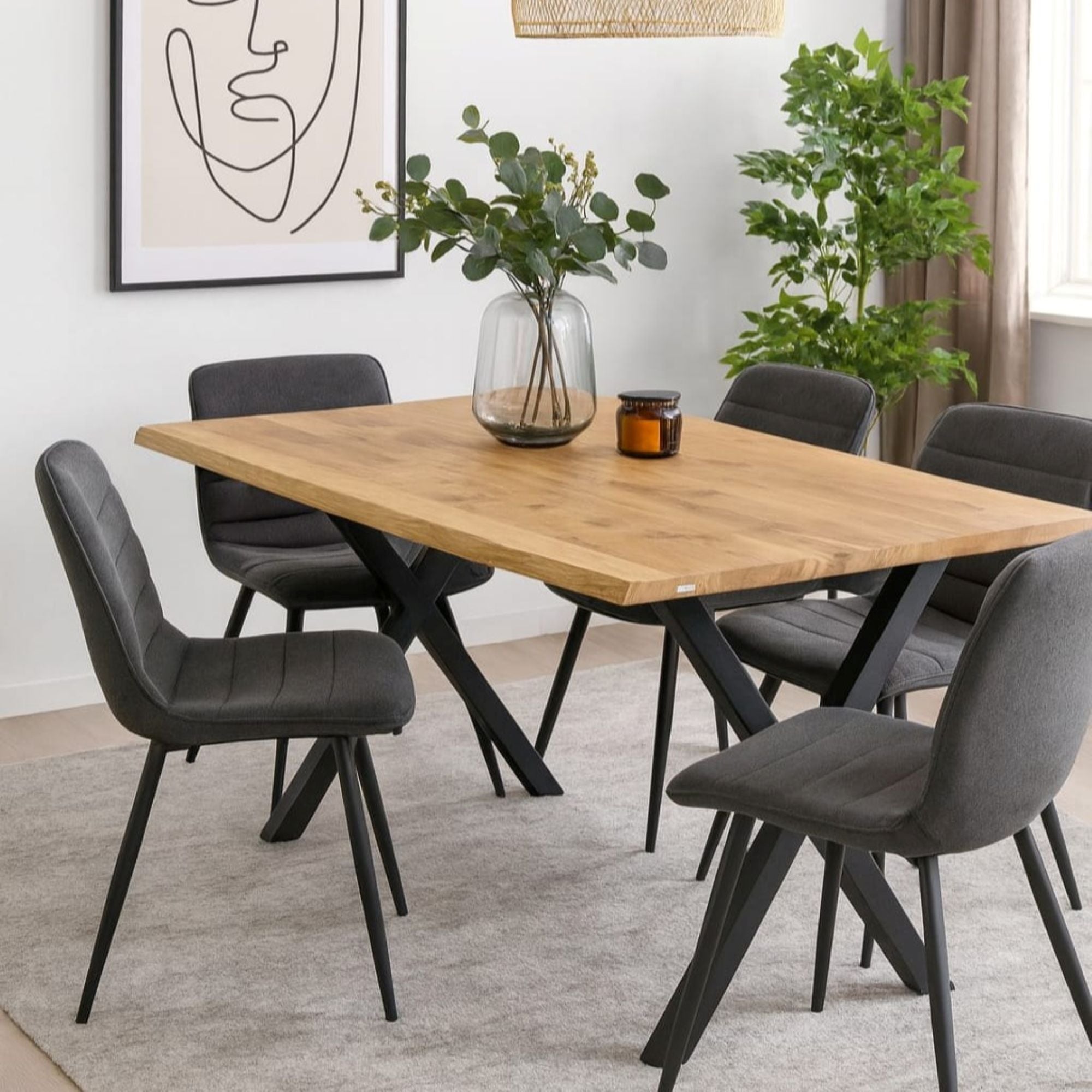 Massivholztisch Eiche  – Esszimmertisch mit 4 cm Tischplatte,  in 140-240 cm Länge,  mit Baumkante und gerade Kante &  X-Gestell aus Metall – moderner Esstisch Industrie-Design, handgefertigt, Kratzfest & natürlich geölt