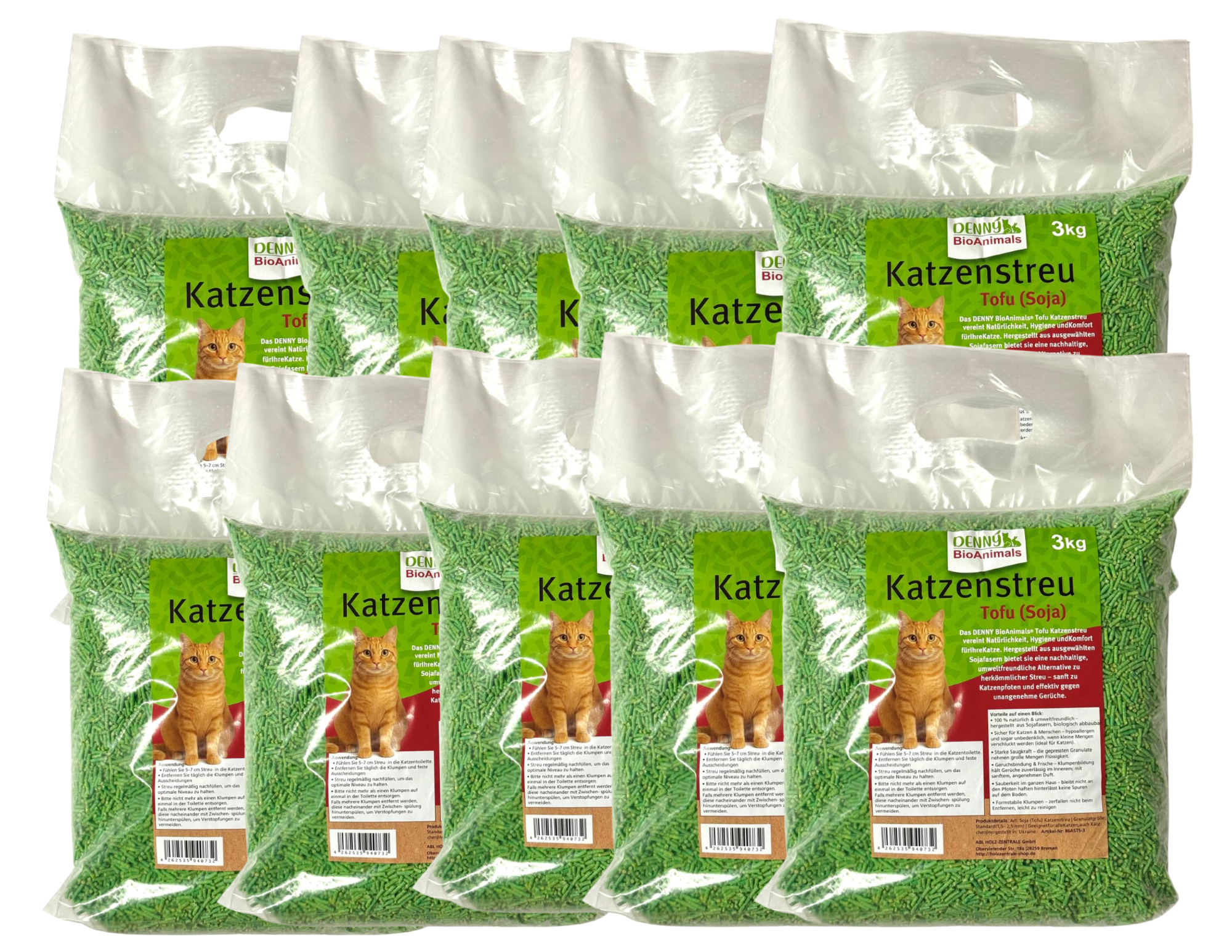 Denny BioAnimals®Tofu (Soja) Katzenstreu 30 kg (10 Säcke je 3 kg), 80 L – natürlich & biologisch abbaubar – saugstark, klumpend, staubfrei & geruchsneutral – nachhaltige Katzenstreu aus Pflanzenfasern.