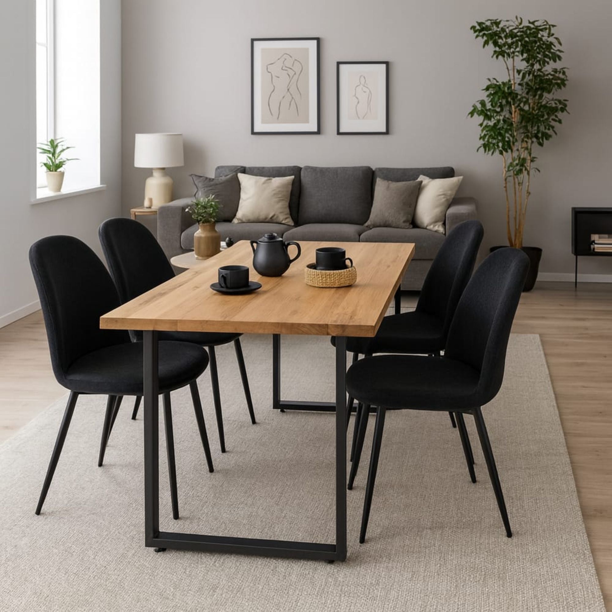 Massivholztisch Eiche  – Esszimmertisch mit 4 cm, in 140-240 cm Länge Tischplatte, mit Baumkante und gerade Kante & U-Gestell aus Metall – moderner Esstisch, Kratzfest & natürlich geölt , handgefertigt