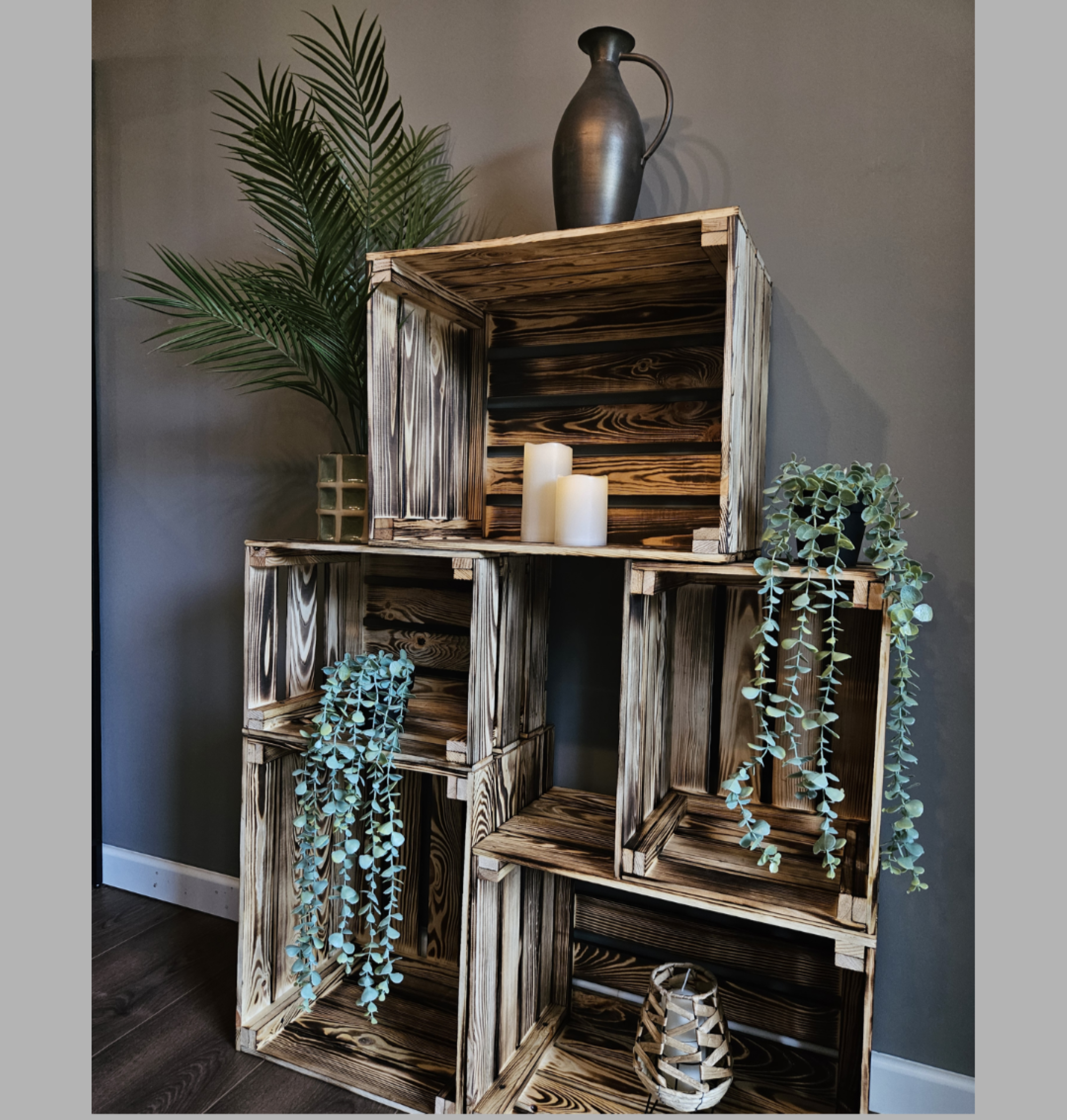 5- er Set Vintage Holzkisten Geflammt – 50x40x30 cm & 40x30x25 cm – Weinkisten & Obstkisten im Used-Look – Dekokisten & Regale – Holzboxen als Möbel & Aufbewahrung – Rustikale Deko