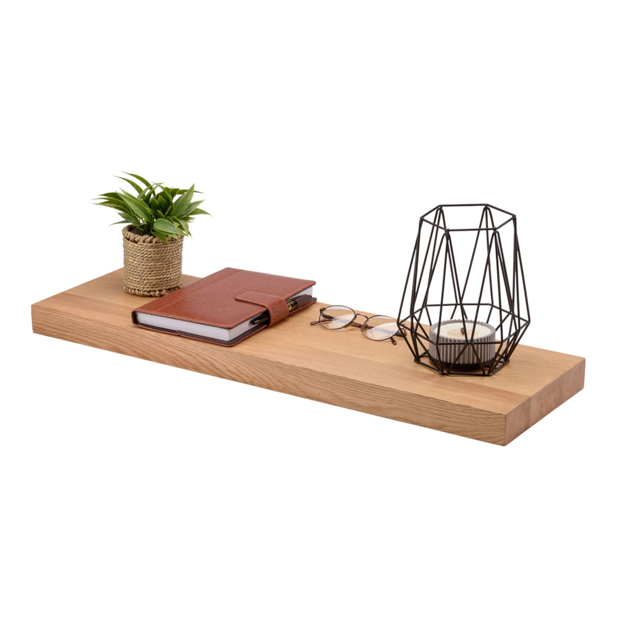 Wandregal Eiche massiv 4 cm Stärke mit Baumkante und gerade Kante – 22cm Tief – in 60-120 cm Länge – schwebendes Regal mit unsichtbarer Befestigung – Massivholz Regalbrett, Bücherregal – Kratzfest & natürlich geölt