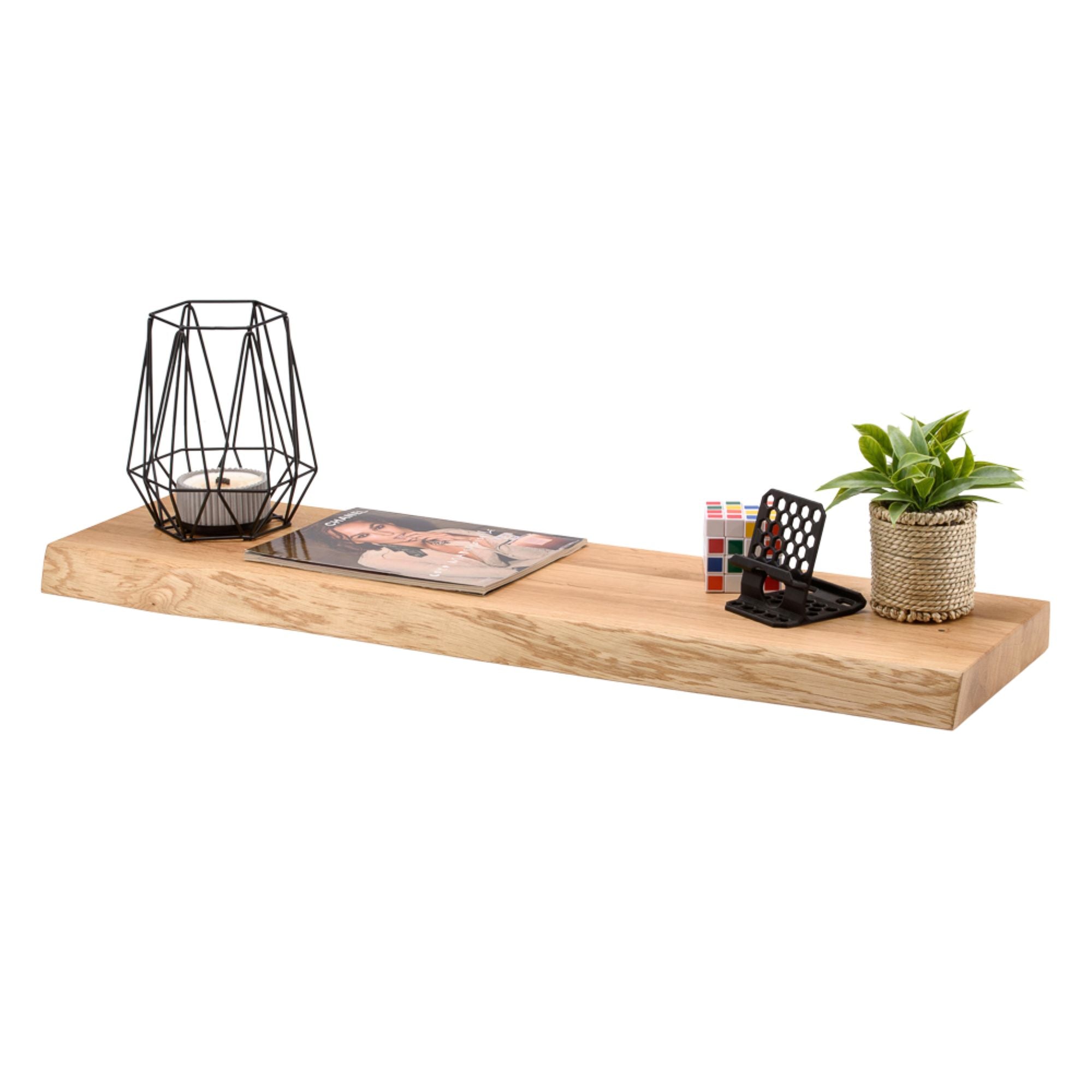 Wandregal Eiche massiv 4 cm Stärke mit Baumkante und gerade Kante – 22cm Tief – in 60-120 cm Länge – schwebendes Regal mit unsichtbarer Befestigung – Massivholz Regalbrett, Bücherregal – Kratzfest & natürlich geölt