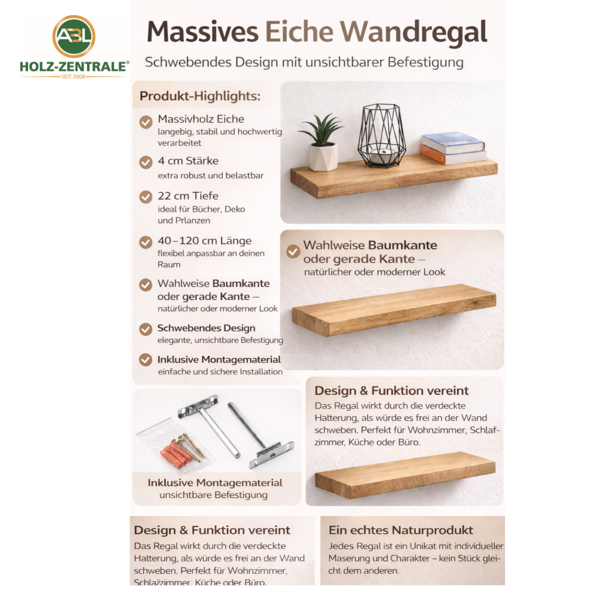 Wandregal Eiche massiv 4 cm Stärke mit Baumkante und gerade Kante – 22cm Tief – in 40-120 cm Länge – schwebendes Regal mit unsichtbarer Befestigung – Massivholz Regalbrett, Bücherregal – Kratzfest & natürlich geölt
