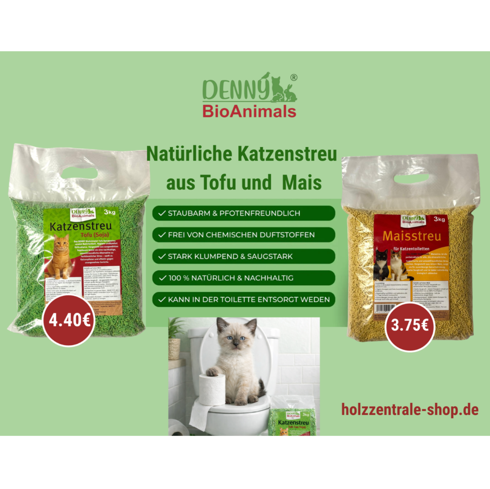Denny BioAnimals® Tofu Katzenstreu 3 kg/8L – 100 % natürlich & biologisch abbaubar – ultra saugstark, klumpend, staubfrei & geruchsneutral – nachhaltiges Katzenstreu aus Pflanzenfasern.