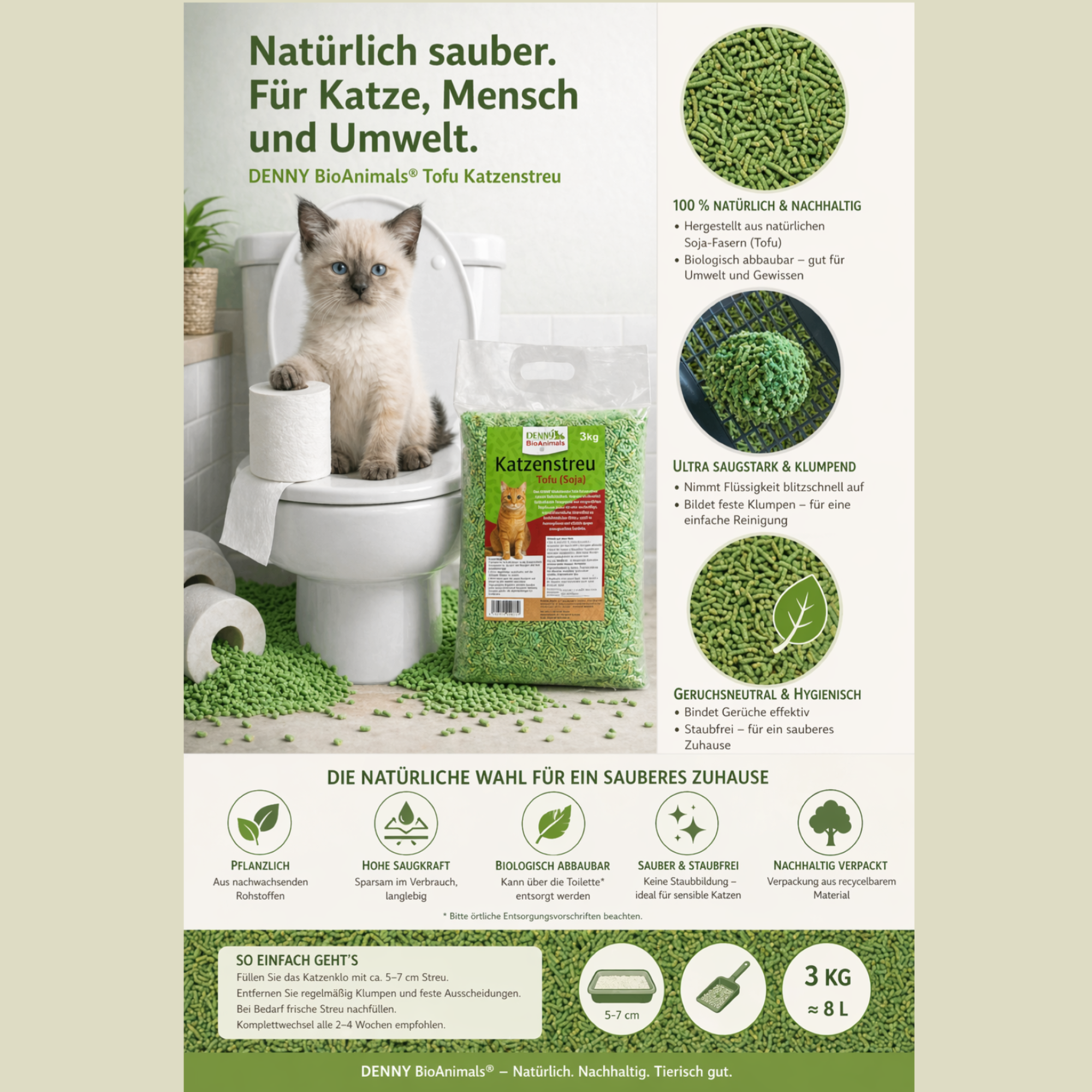 Denny BioAnimals® SET Katzenstreu 18 kg (9 kg Tofu + 9 kg Mais) (1 Tutte 3 kg Mais kostenlos) – natürlich & biologisch abbaubar – saugstark, klumpend, staubfrei & geruchsneutral – nachhaltige Katzenstreu aus Pflanzenfasern.