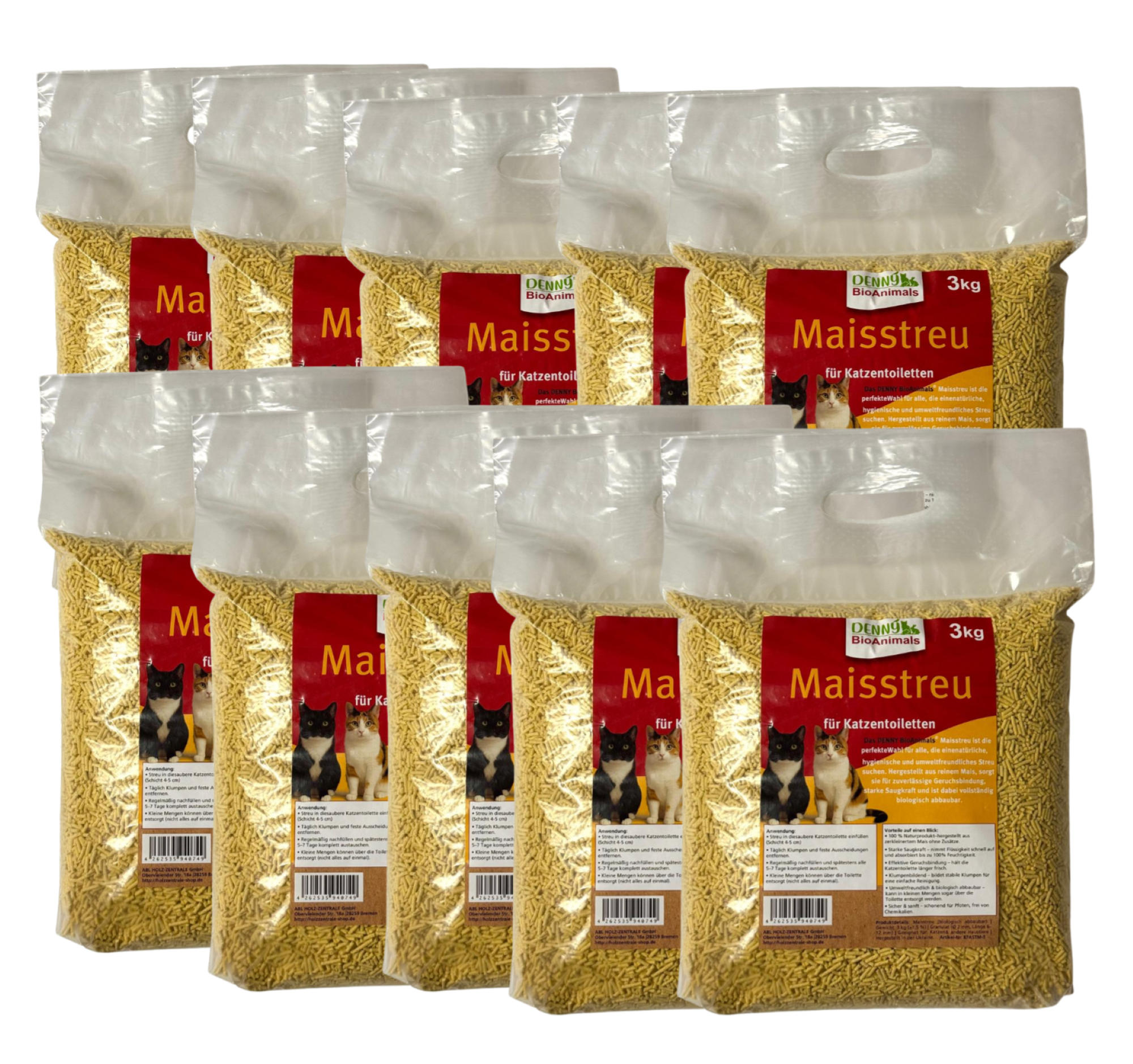 Denny BioAnimals® Maisstreu Katzenstreu 30 kg/ 80 L– 100 % natürlich &