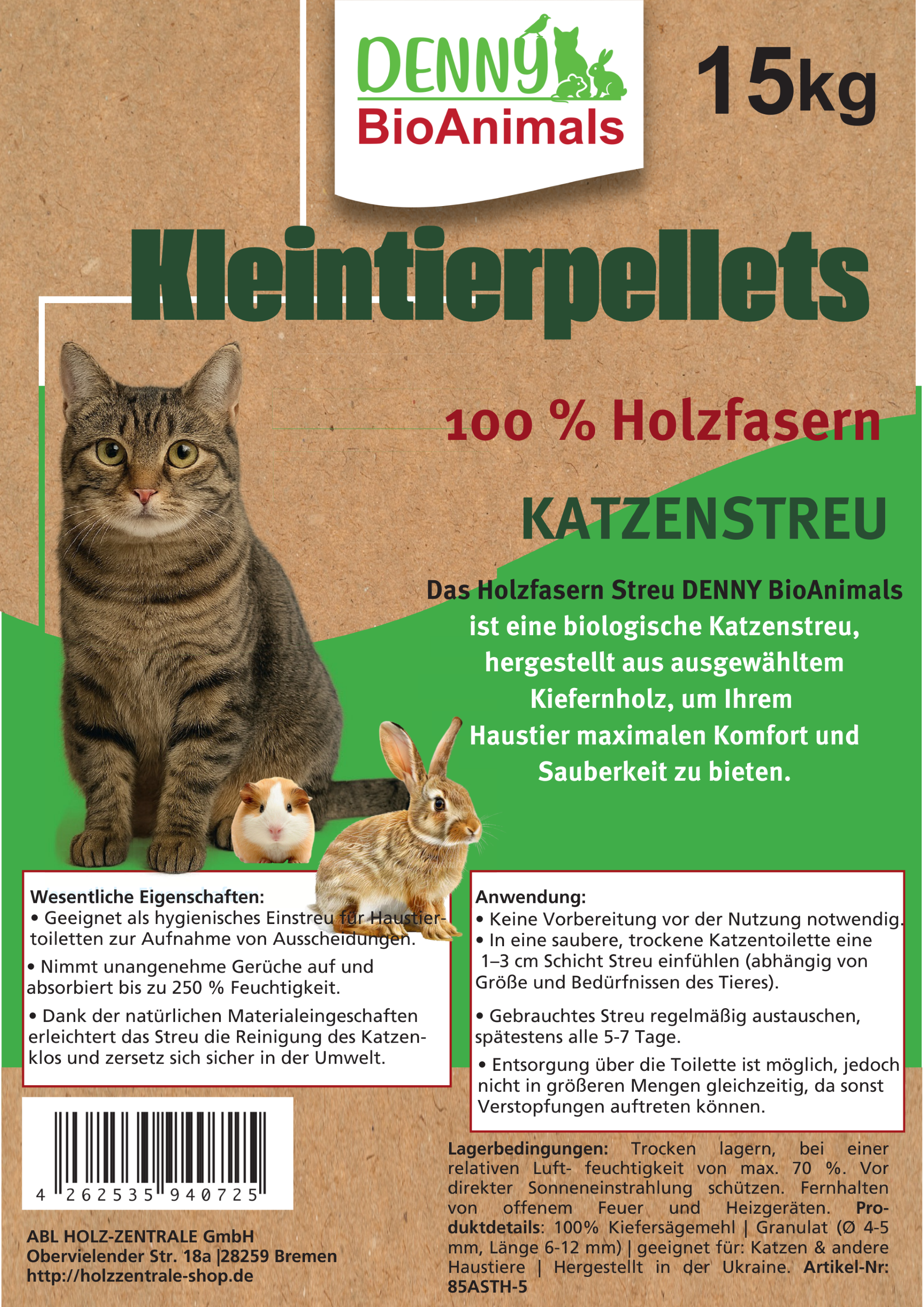 Denny BioAnimals® Kleintierstreu, Katzenstreu Holzpellets 30 kg (46 L) – 100% natürliche Einstreu für Katzen, Kaninchen, Hamster & Meerschweinchen – Staubfrei, Saugstark, Geruchsbindend, Öko Kiefernholz