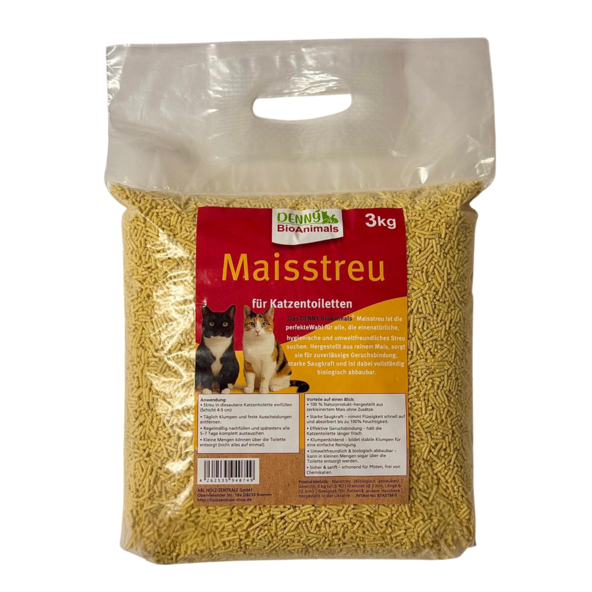 Denny BioAnimals ® Maisstreu Katzenstreu 3 kg/ 8 L– 100 % natürlich & biologisch abbaubar – klumpend, staubfrei & geruchsneutral – nachhaltiges Katzenstreu aus Maisfasern.