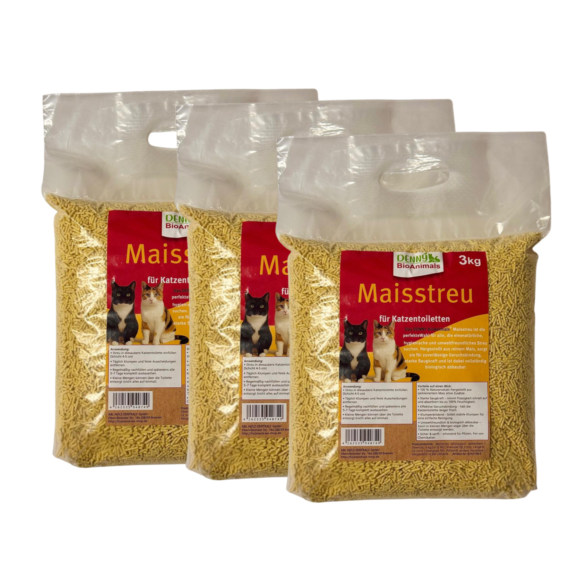 Denny BioAnimals® Maisstreu Katzenstreu 9 kg (3x3 kg) – 100 % natürlich & biologisch abbaubar – klumpend, staubfrei & geruchsneutral – nachhaltige Katzenstreu aus Maisfasern.