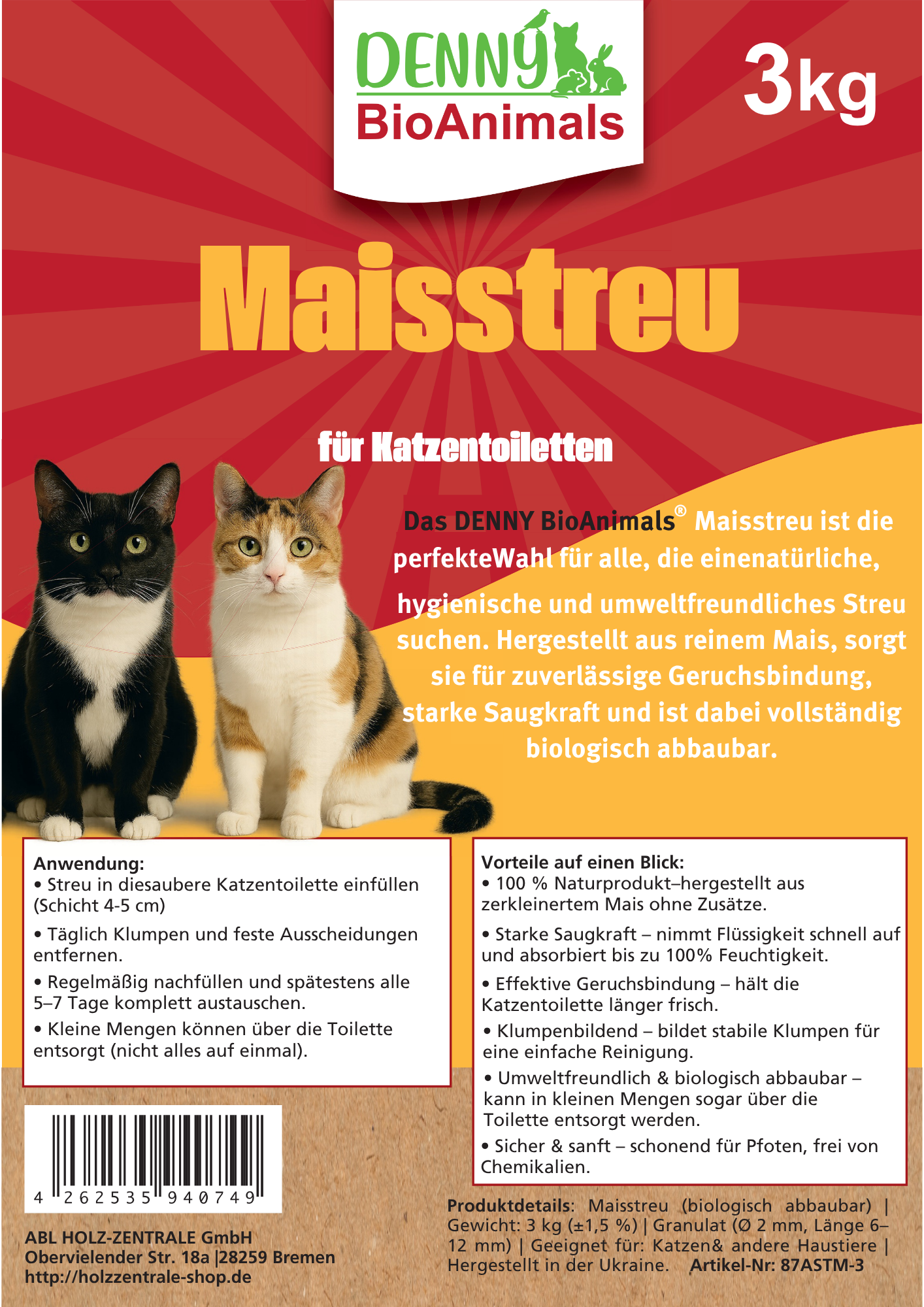 Denny BioAnimals ® Maisstreu Katzenstreu 3 kg/ 8 L– 100 % natürlich & biologisch abbaubar – klumpend, staubfrei & geruchsneutral – nachhaltiges Katzenstreu aus Maisfasern.
