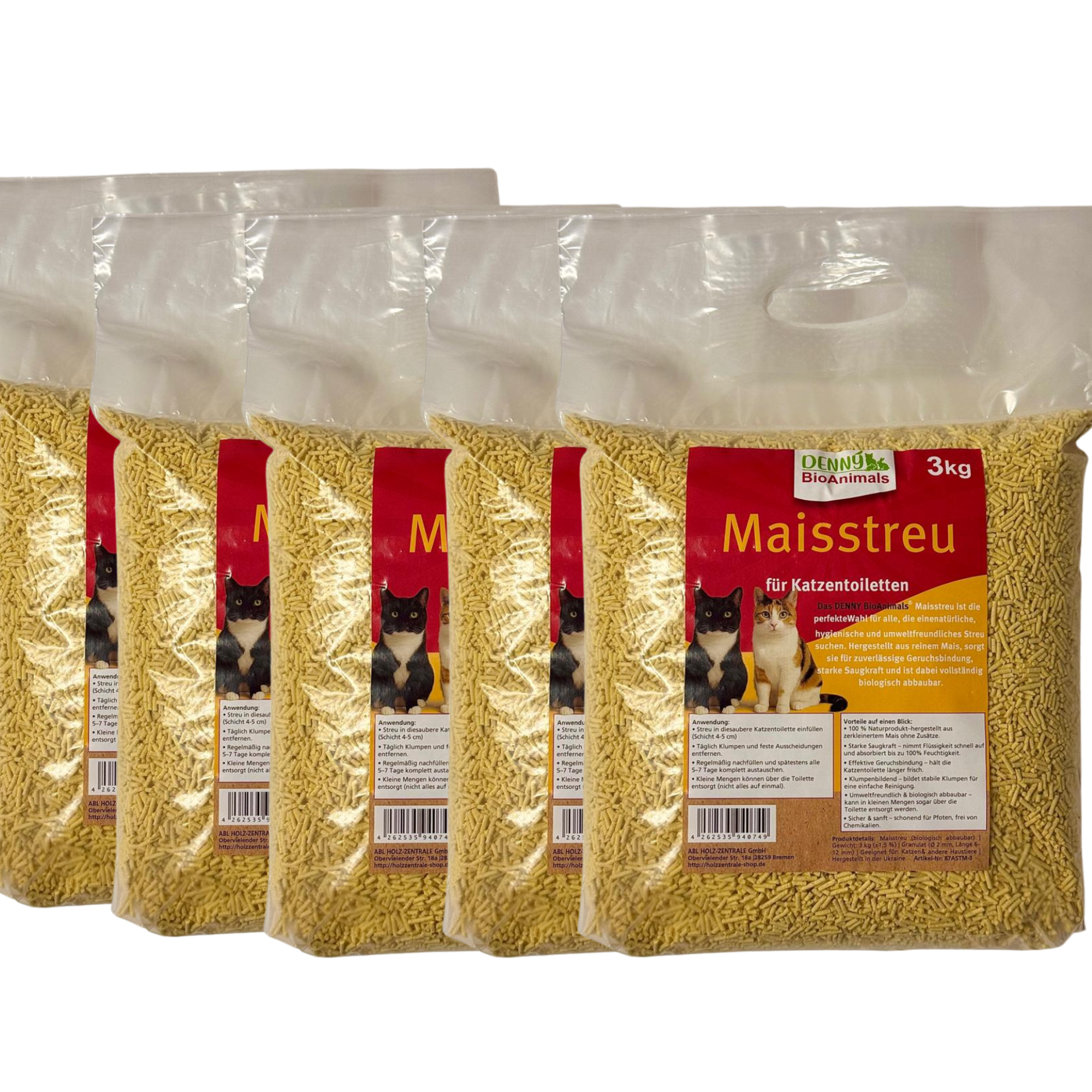 Maisstreu 15 kg (5 Säcke je 3 kg), 40 L Mais-Katzenstreu – natürlich &