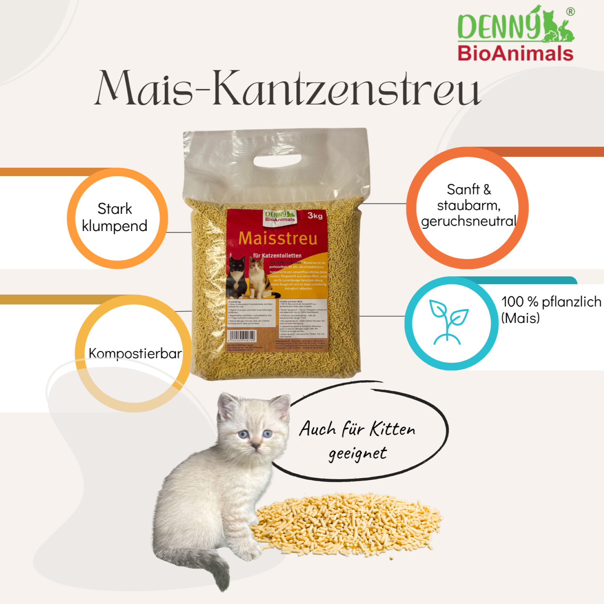 Denny BioAnimals® SET Katzenstreu 18 kg (9 kg Tofu + 9 kg Mais) (1 Tutte 3 kg Mais kostenlos) – natürlich & biologisch abbaubar – saugstark, klumpend, staubfrei & geruchsneutral – nachhaltige Katzenstreu aus Pflanzenfasern.