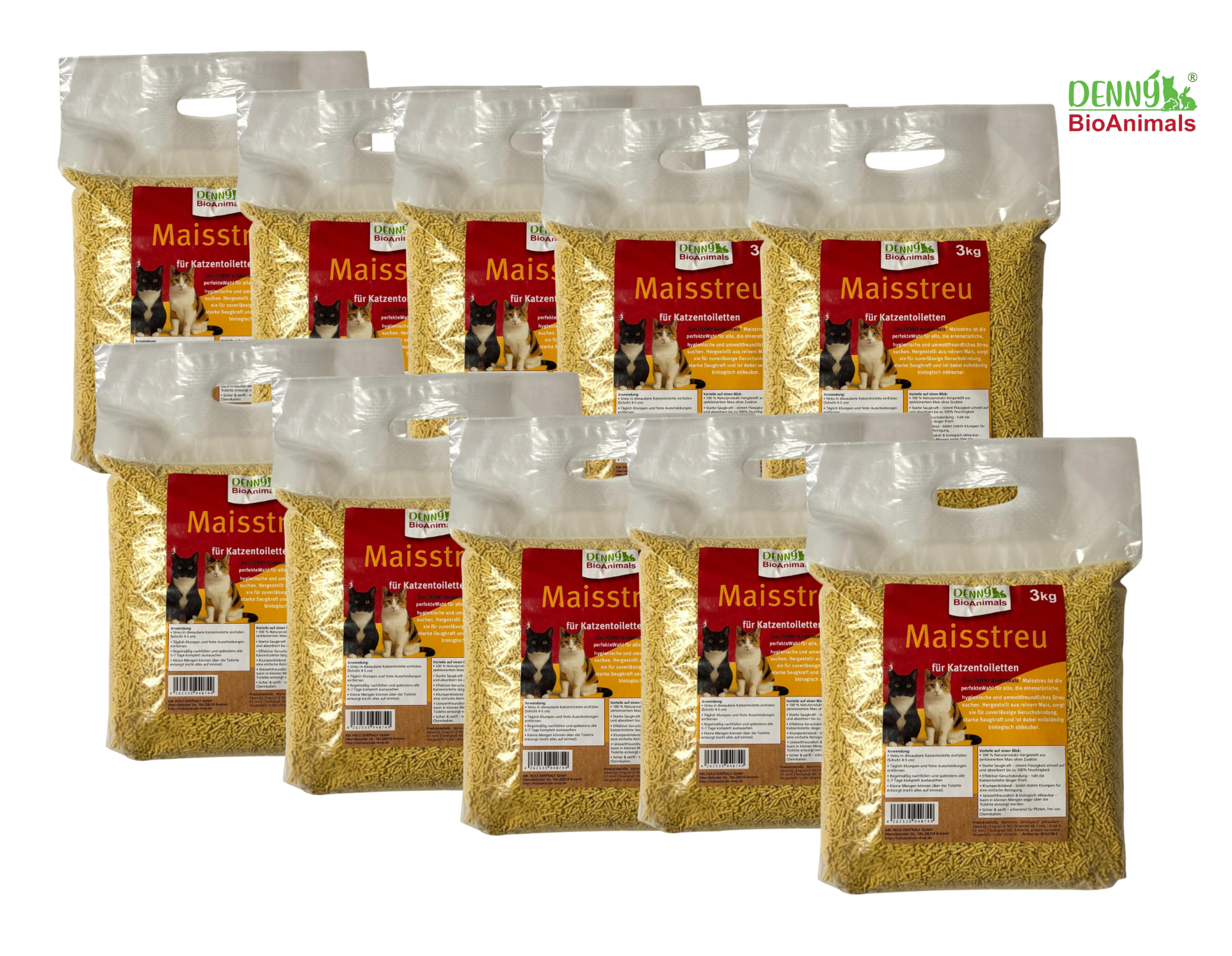 Denny BioAnimals® Maisstreu Katzenstreu 30 kg/ 80 L– 100 % natürlich & biologisch abbaubar – klumpend, staubfrei & geruchsneutral – nachhaltiges Katzenstreu aus Maisfasern.