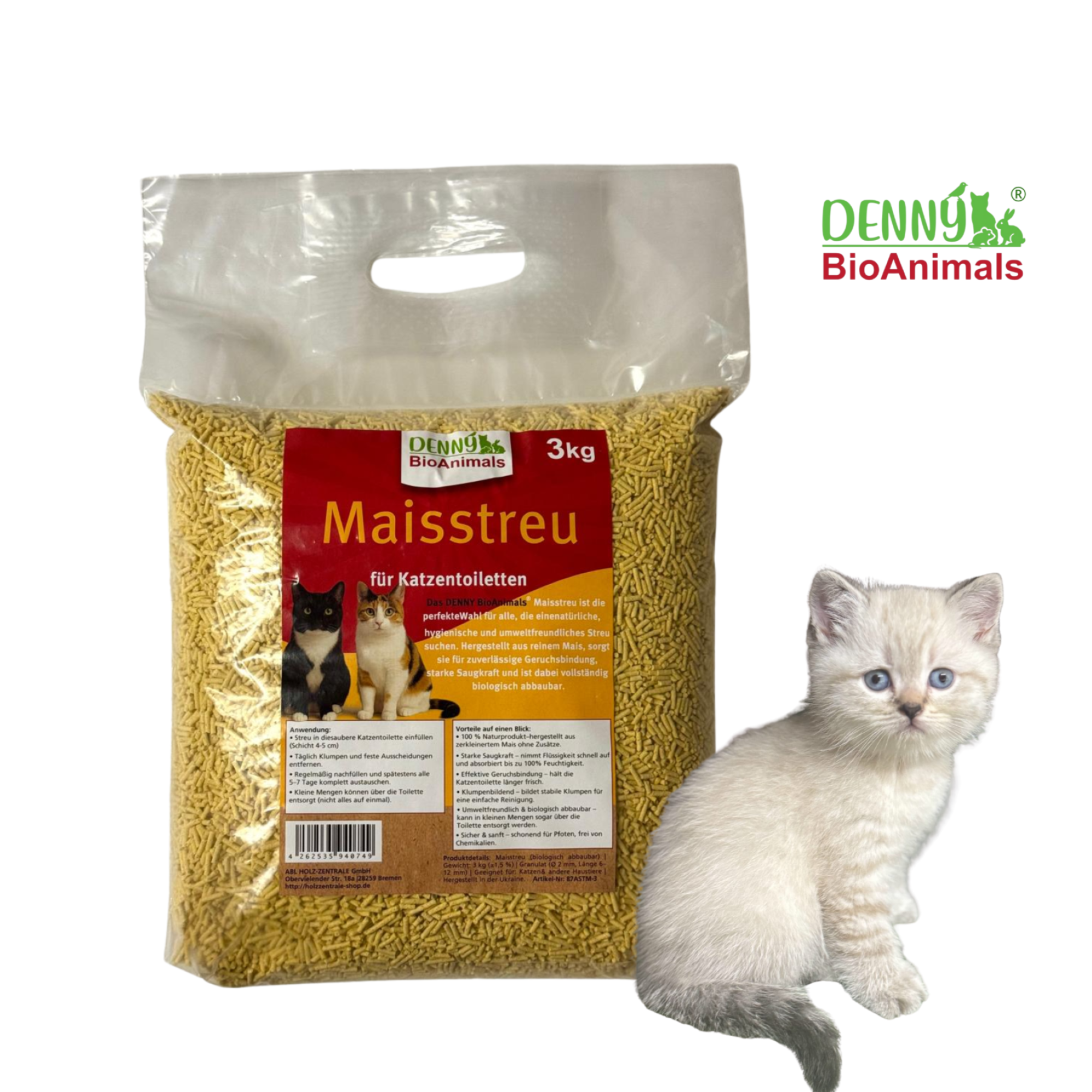 Denny BioAnimals® Maisstreu Katzenstreu 9 kg (3x3 kg) – 100 % natürlich & biologisch abbaubar – klumpend, staubfrei & geruchsneutral – nachhaltige Katzenstreu aus Maisfasern.