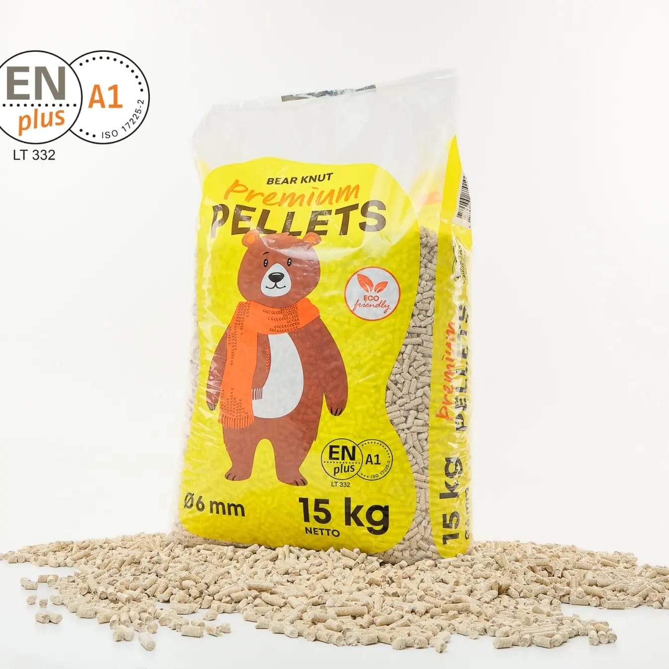 Holzpellets Premium Qualität, Ø 6 mm, Premium PELLETS „Bear Knut“, 15 kg Sack, Kiefer- und Fichtenholz