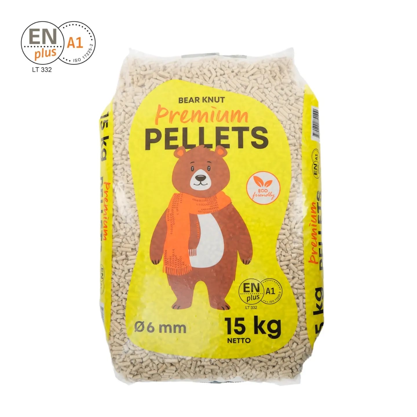 Holzpellets Premium Qualität, Ø 6 mm, Premium PELLETS „Bear Knut“, 15 kg Sack, Kiefer- und Fichtenholz