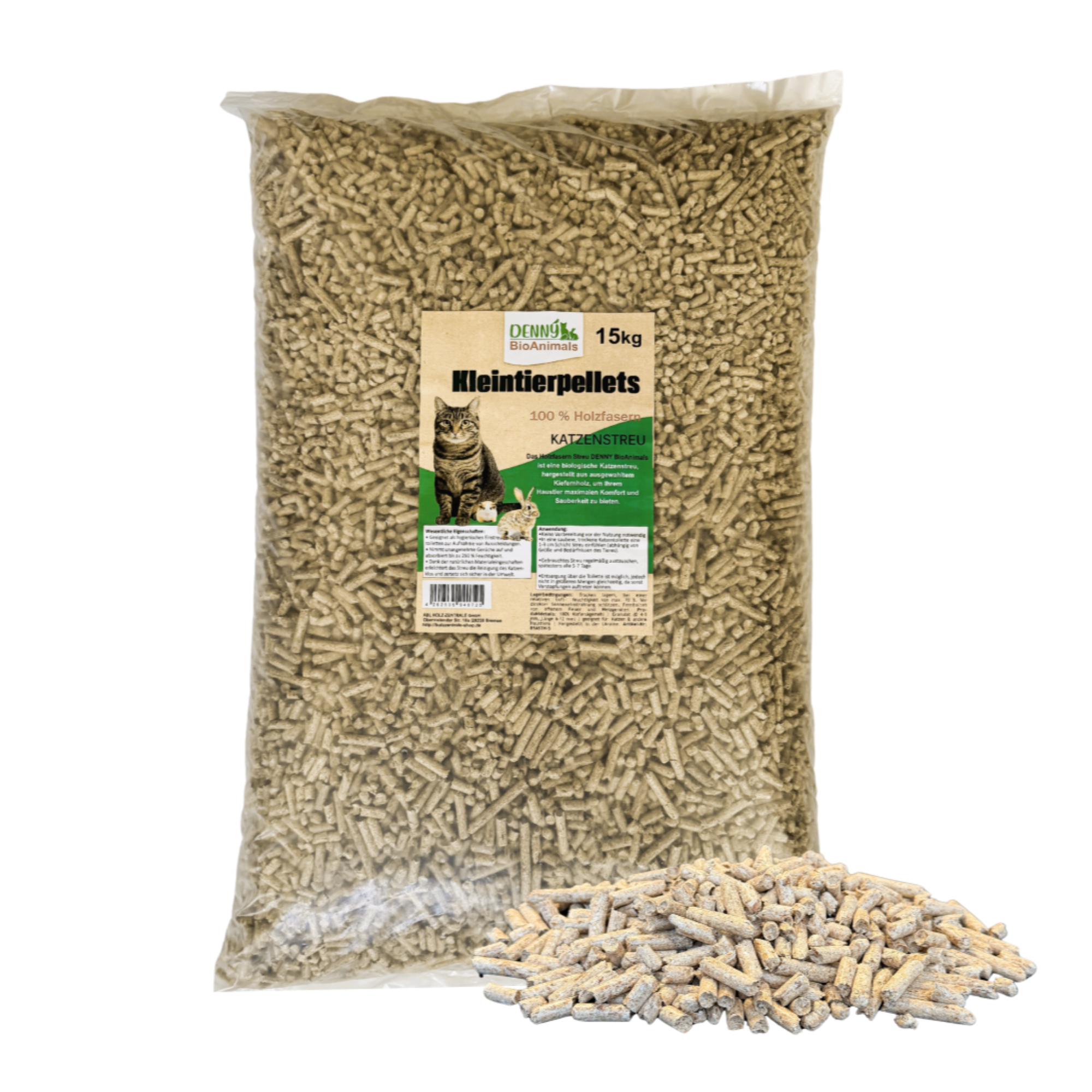 Denny BioAnimals® Kleintierstreu, Katzenstreu Holzpellets 15 kg (23 L) – 100% natürliche Einstreu für Katzen, Kaninchen, Hamster & Meerschweinchen – Staubfrei, Saugstark, Geruchsbindend, Öko Kiefernholz