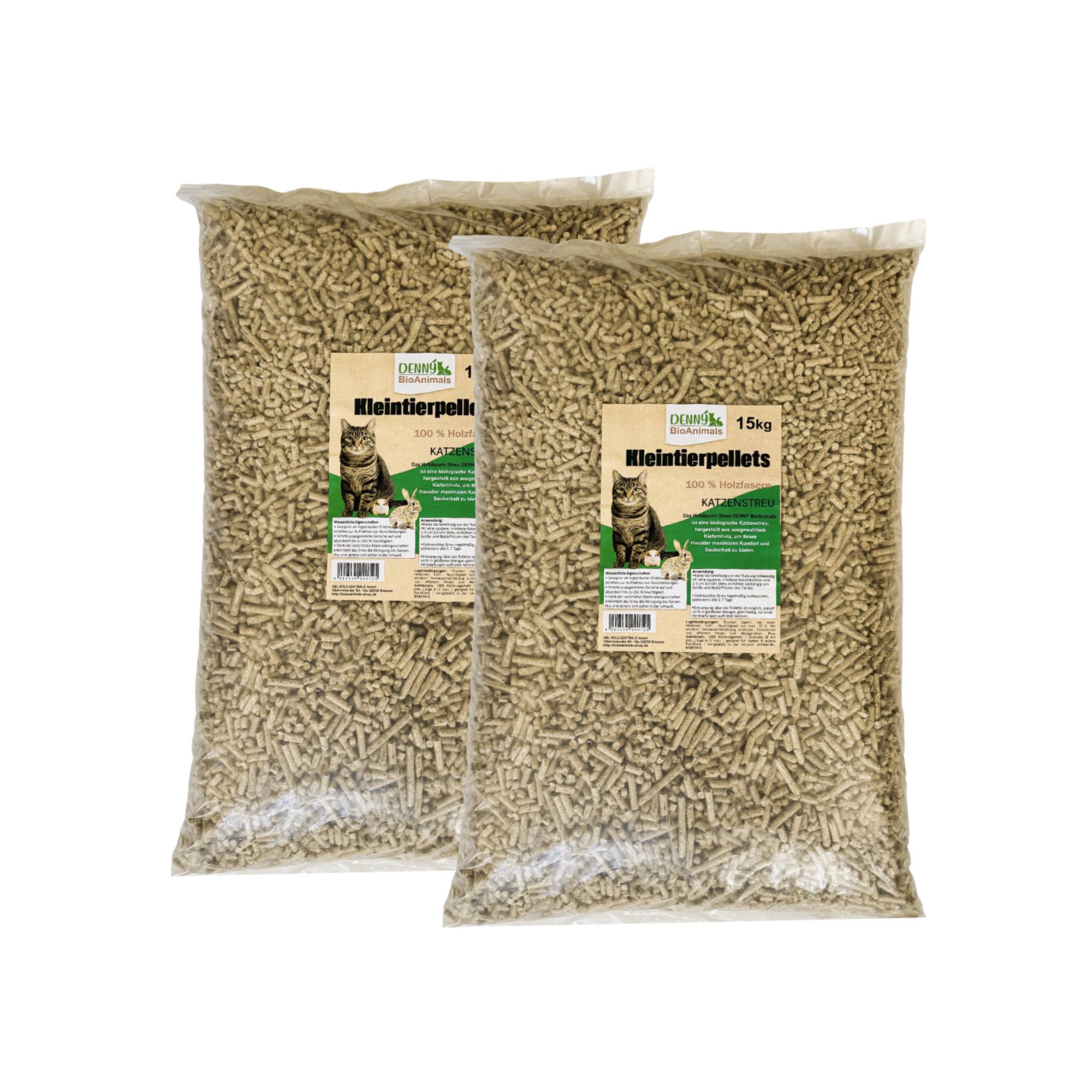 Denny BioAnimals® Kleintierstreu, Katzenstreu Holzpellets 30 kg (46 L) – 100% natürliche Einstreu für Katzen, Kaninchen, Hamster & Meerschweinchen – Staubfrei, Saugstark, Geruchsbindend, Öko Kiefernholz