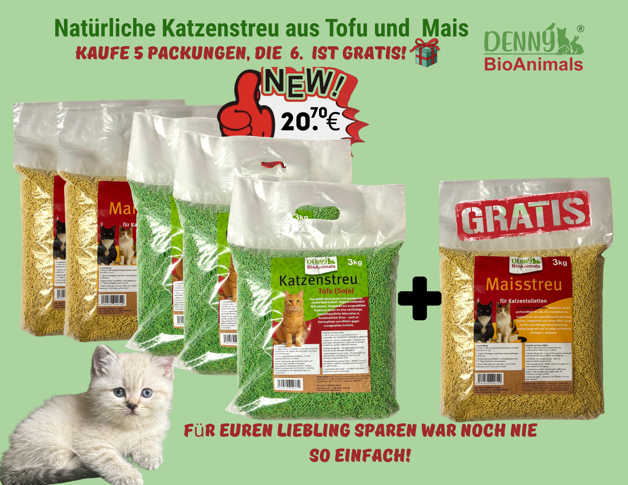 Denny BioAnimals® SET Katzenstreu 18 kg (9 kg Tofu + 9 kg Mais) (1 Tutte 3 kg Mais kostenlos) – natürlich & biologisch abbaubar – saugstark, klumpend, staubfrei & geruchsneutral – nachhaltige Katzenstreu aus Pflanzenfasern.