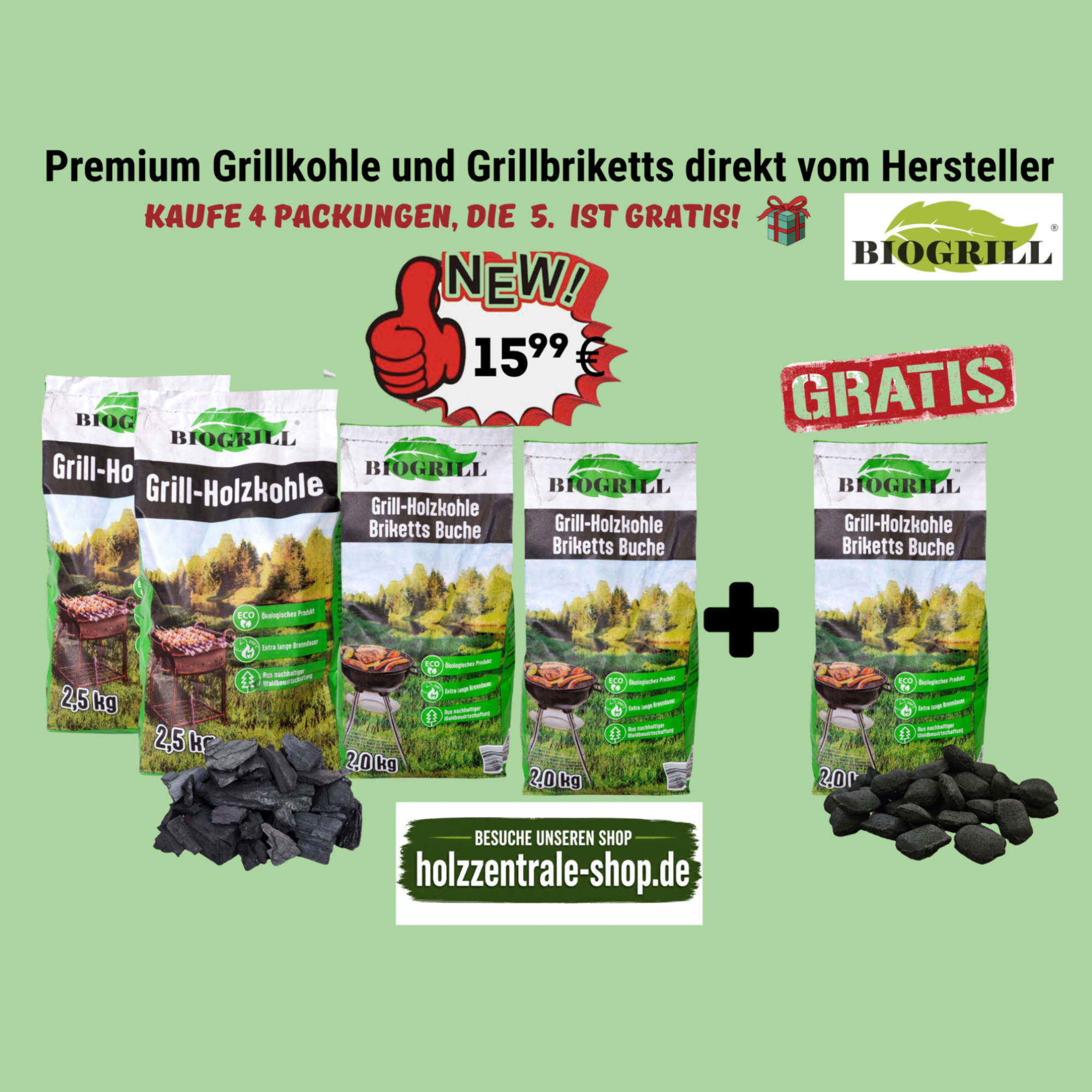 Set Grillkohle 11 kg – 5 kg Holzgrillkohle + 4 kg Buchenholzkohlebriketts +2 kg Buchenholzkohlebriketts Gratis, Premium Naturkohle für Grill & BBQ – Lange Glut, schnelles Anzünden, hohe Hitze – Ideal für Holzkohlegrill & Smoker