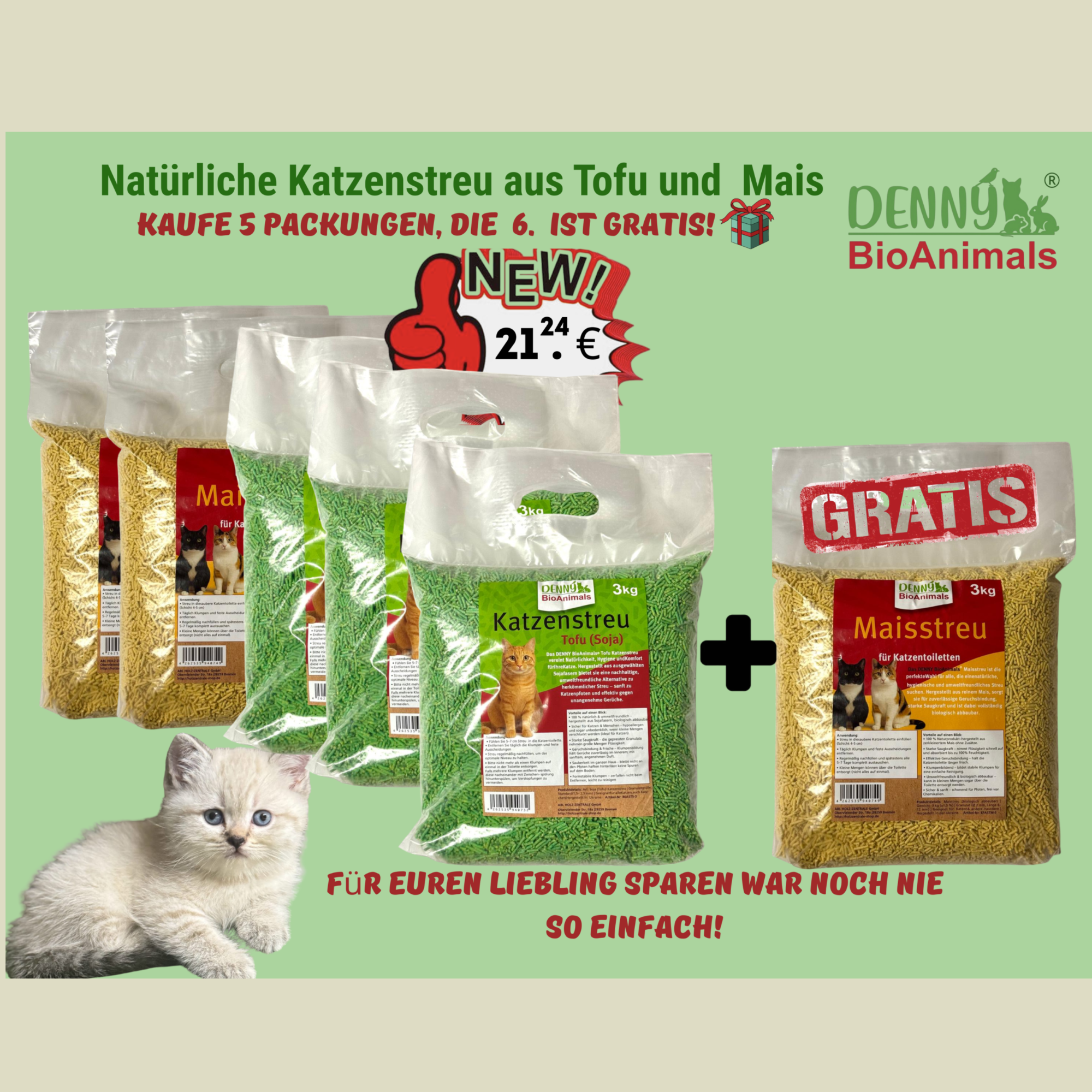 Denny BioAnimals® SET Katzenstreu 18 kg (9 kg Tofu + 6 kg Mais + 1 Tüte 3 kg Mais kostenlos) – natürlich & biologisch abbaubar – saugstark, klumpend, staubfrei & geruchsneutral – nachhaltige Katzenstreu aus Pflanzenfasern.