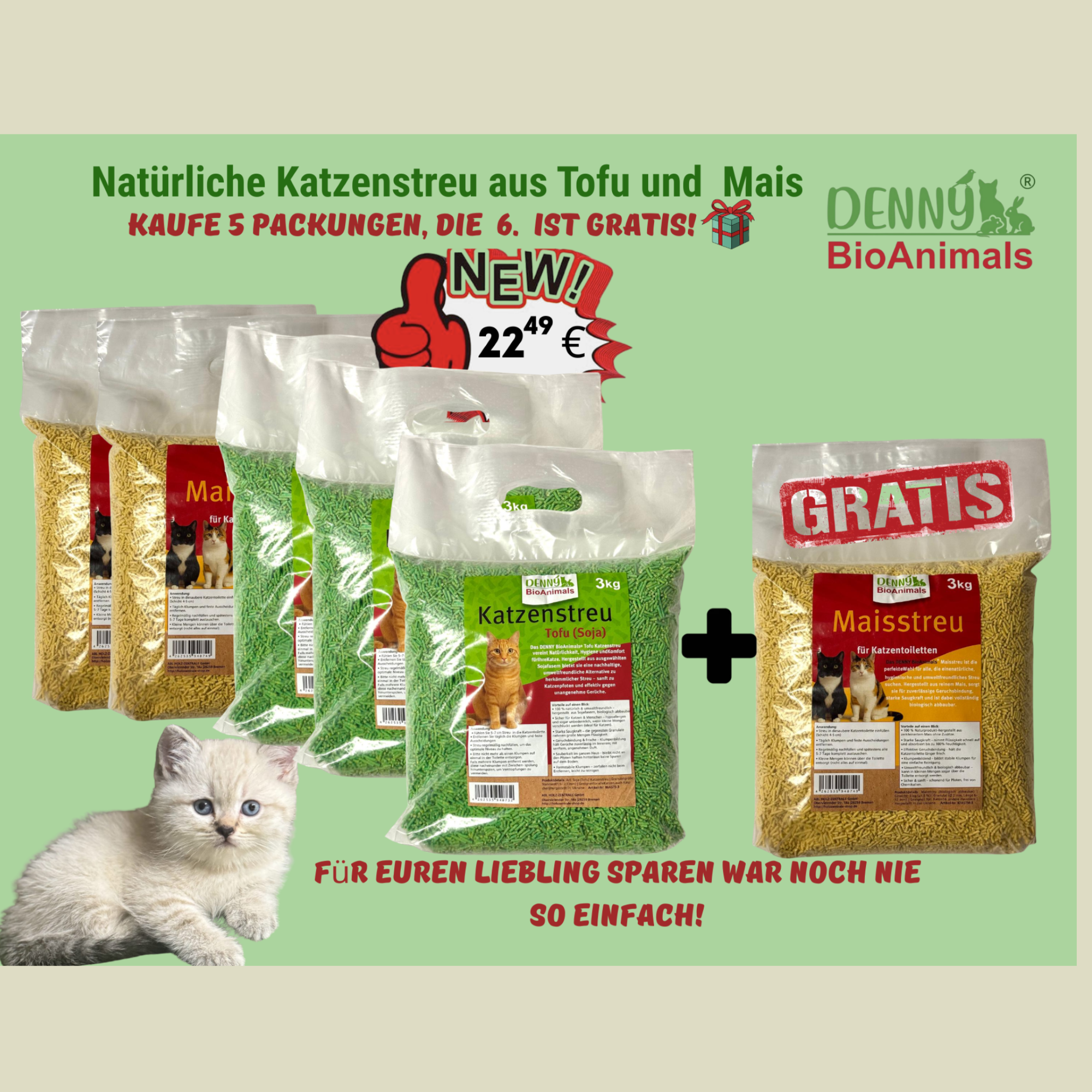 Denny BioAnimals® SET Katzenstreu 18 kg (9 kg Tofu + 6 kg Mais + 1 Tüte 3 kg Mais kostenlos) – natürlich & biologisch abbaubar – saugstark, klumpend, staubfrei & geruchsneutral – nachhaltige Katzenstreu aus Pflanzenfasern.