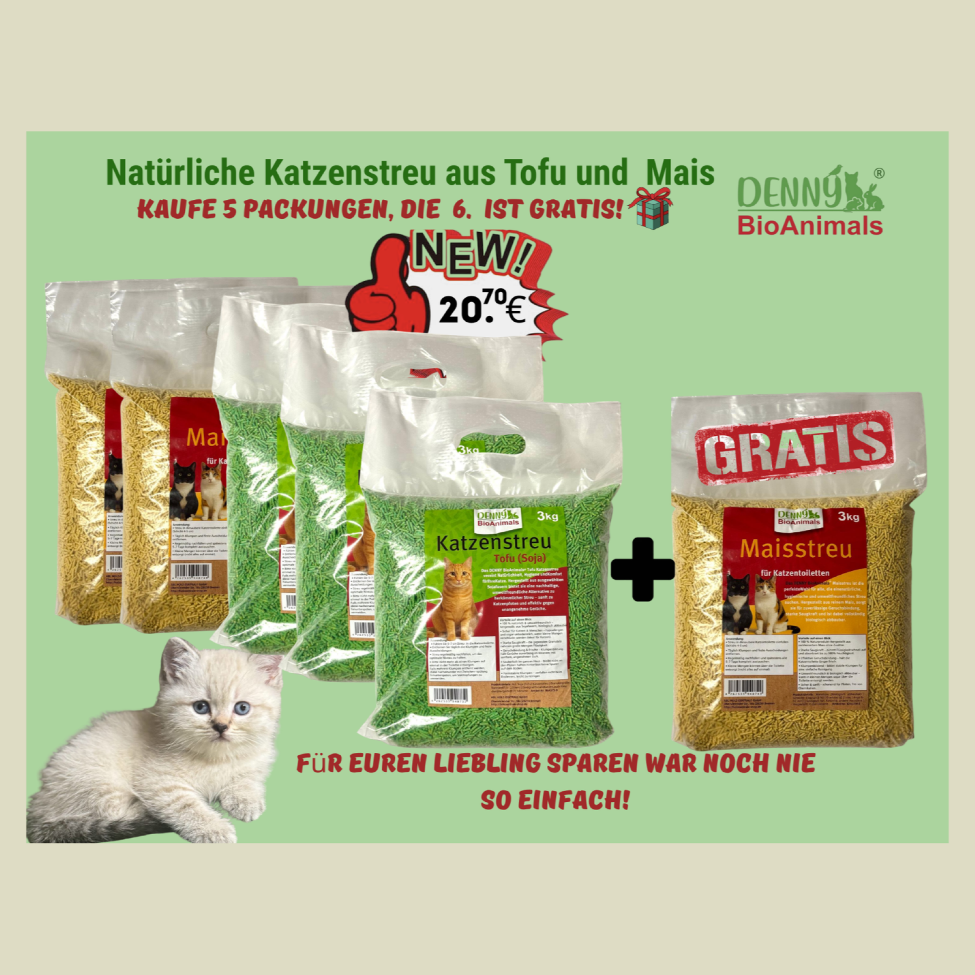 Denny BioAnimals® SET Katzenstreu 18 kg (9 kg Tofu + 9 kg Mais) (1 Tutte 3 kg Mais kostenlos) – natürlich & biologisch abbaubar – saugstark, klumpend, staubfrei & geruchsneutral – nachhaltige Katzenstreu aus Pflanzenfasern.