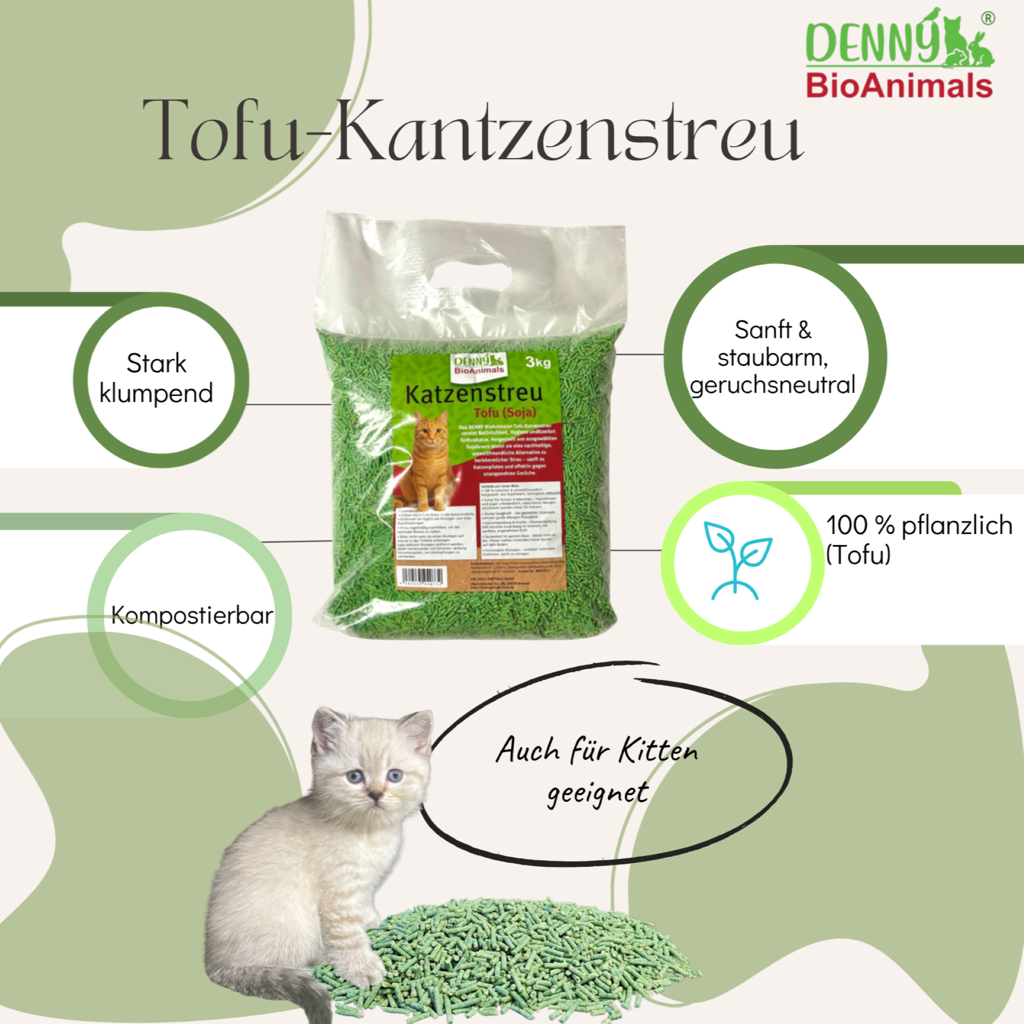 Denny BioAnimals® SET Katzenstreu 18 kg (9 kg Tofu + 9 kg Mais) (1 Tutte 3 kg Mais kostenlos) – natürlich & biologisch abbaubar – saugstark, klumpend, staubfrei & geruchsneutral – nachhaltige Katzenstreu aus Pflanzenfasern.