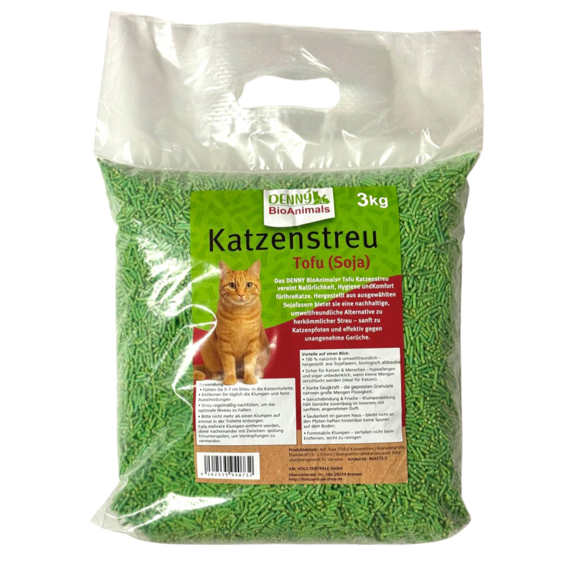 Denny BioAnimals® Tofu Katzenstreu 3 kg/8L – 100 % natürlich & biologisch abbaubar – ultra saugstark, klumpend, staubfrei & geruchsneutral – nachhaltiges Katzenstreu aus Pflanzenfasern.