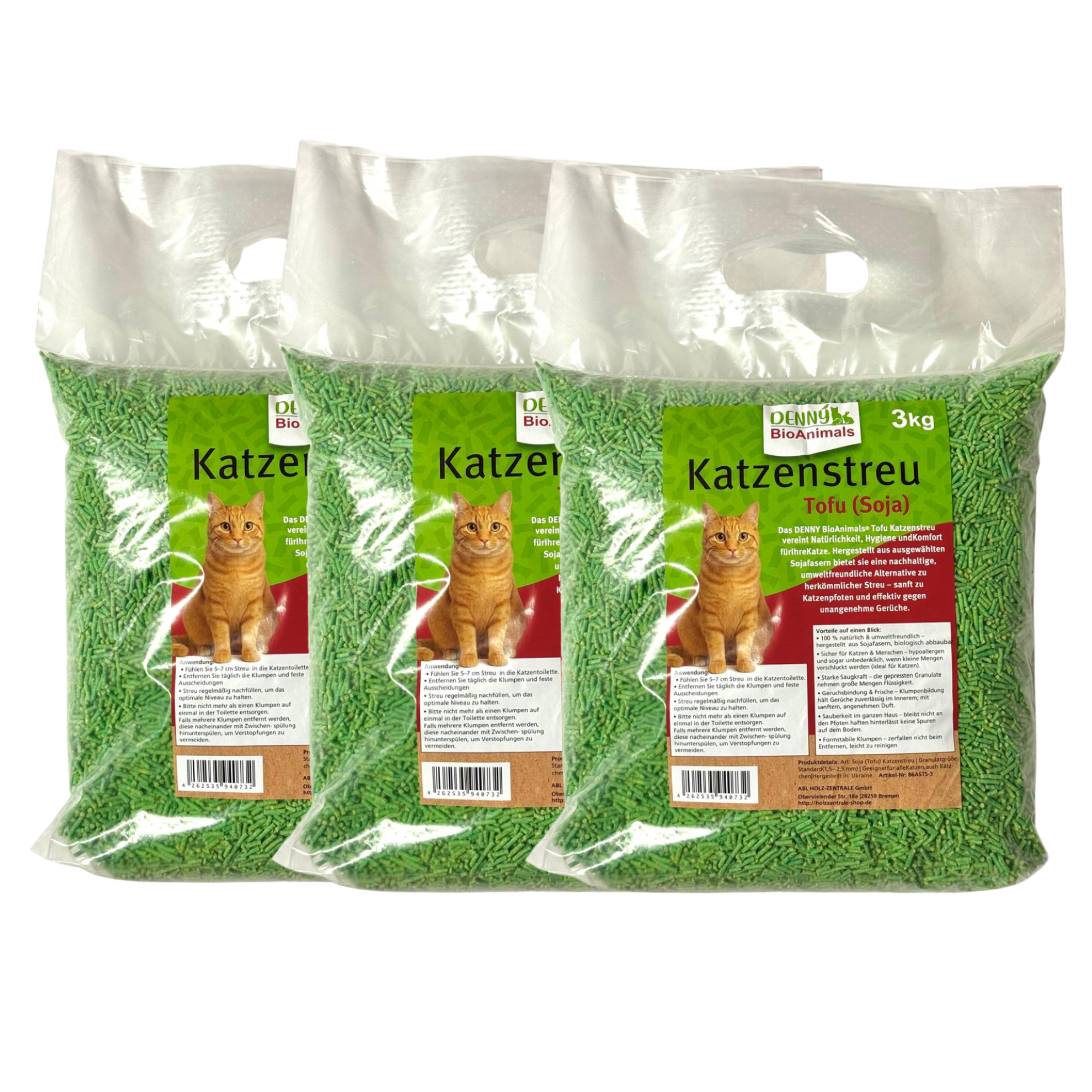Tofu (Soja) Katzenstreu 9 kg (3 Säcke je 3 kg), 24 L – natürlich & biologisch abbaubar – saugstark, klumpend, staubfrei & geruchsneutral – nachhaltige Katzenstreu aus Pflanzenfasern.
