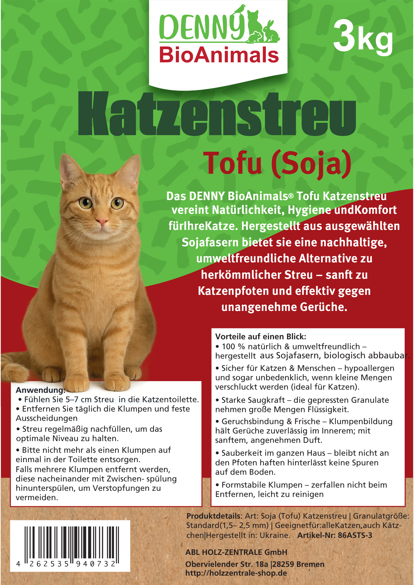 Denny BioAnimals® Tofu Katzenstreu 3 kg/8L – 100 % natürlich & biologisch abbaubar – ultra saugstark, klumpend, staubfrei & geruchsneutral – nachhaltiges Katzenstreu aus Pflanzenfasern.