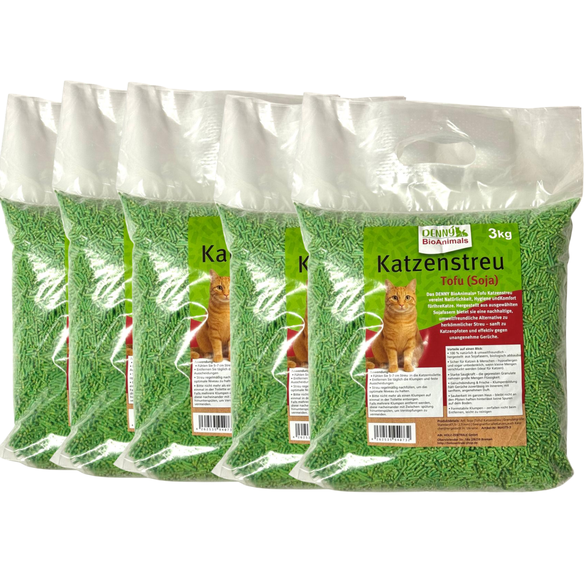 Denny BioAnimals®Tofu (Soja) Katzenstreu 15 kg (5 Säcke je 3 kg), 40 L – natürlich & biologisch abbaubar – saugstark, klumpend, staubfrei & geruchsneutral – nachhaltige Katzenstreu aus Pflanzenfasern.