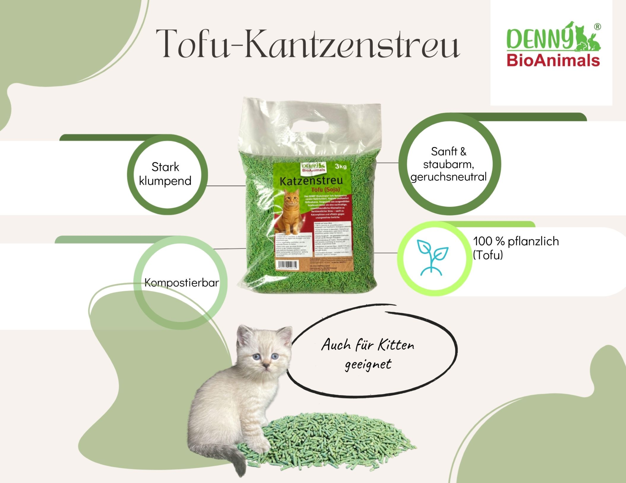 Tofu (Soja) Katzenstreu 9 kg (3 Säcke je 3 kg), 24 L – natürlich & biologisch abbaubar – saugstark, klumpend, staubfrei & geruchsneutral – nachhaltige Katzenstreu aus Pflanzenfasern.
