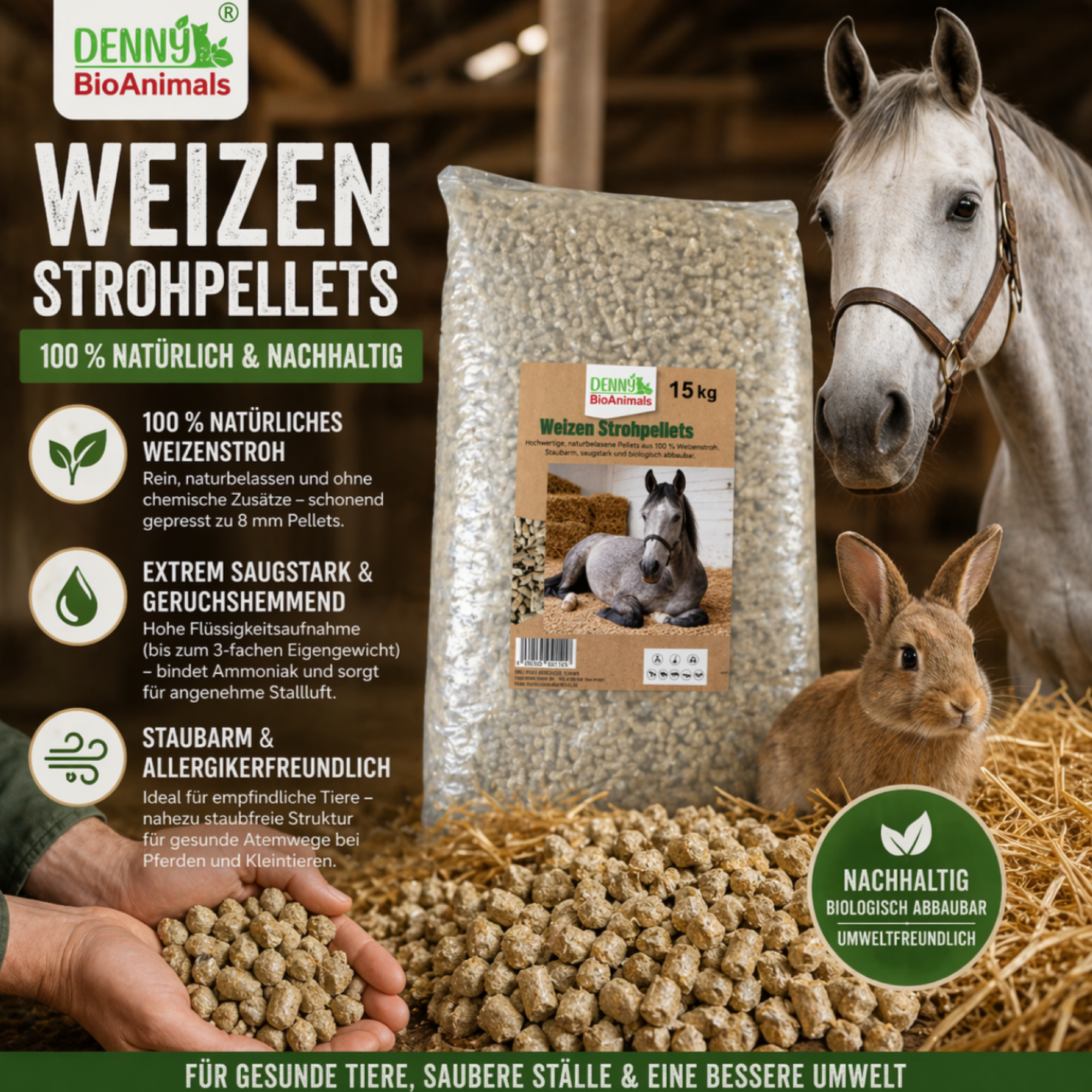 Weizenstreupellets 8 mm. 1 Palette 945 kg, 63 Säcke je 15 kg– 100 % Naturprodukt aus Weizenstroh – staubarm, saugstark & kompostierbar – Einstreu für Pferde, Kleintiere & Stall