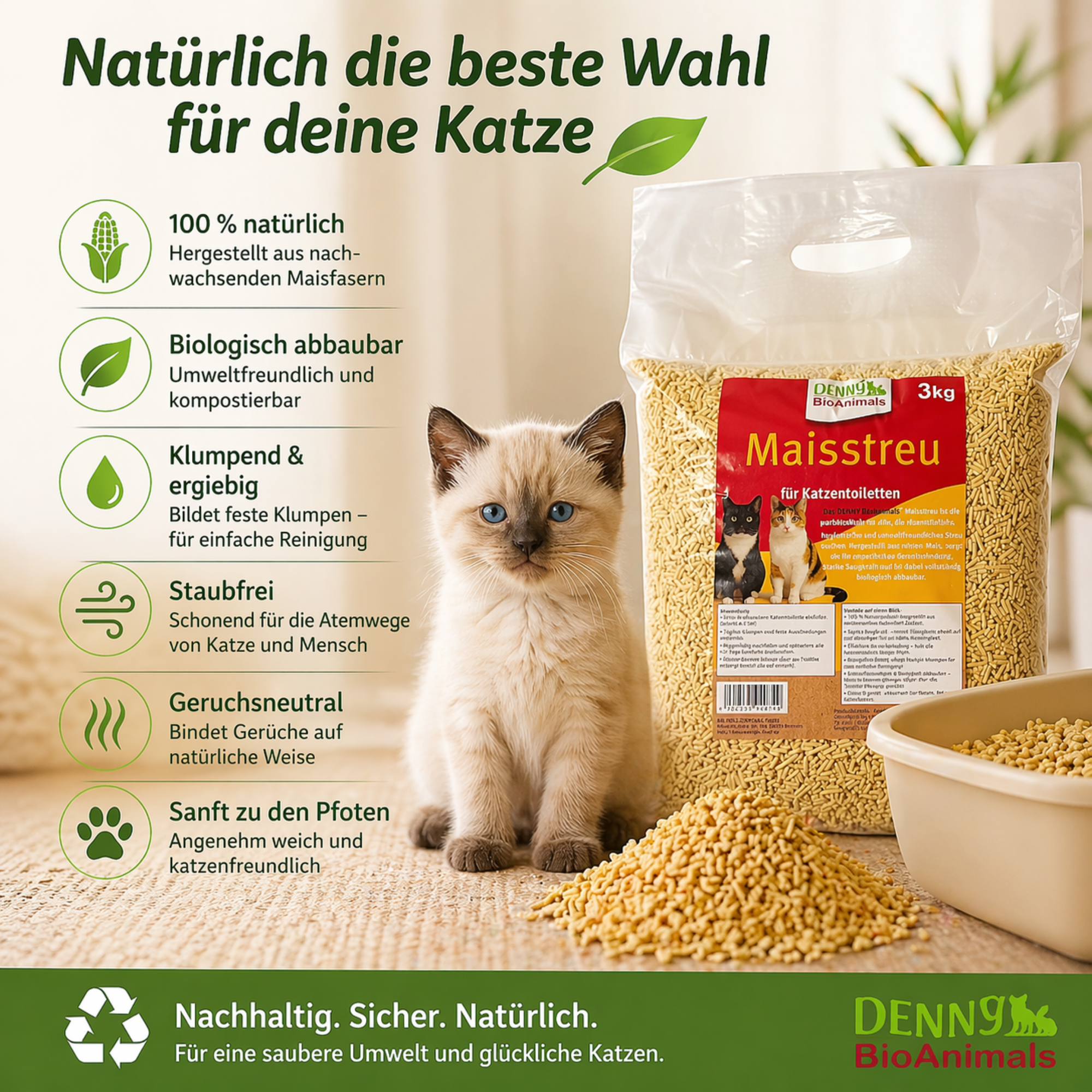 Denny BioAnimals® SET Katzenstreu 18 kg (9 kg Tofu + 9 kg Mais) (1 Tutte 3 kg Mais kostenlos) – natürlich & biologisch abbaubar – saugstark, klumpend, staubfrei & geruchsneutral – nachhaltige Katzenstreu aus Pflanzenfasern.