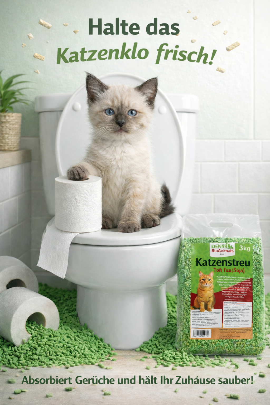 Denny BioAnimals® Tofu Katzenstreu 3 kg/8L – 100 % natürlich & biologisch abbaubar – ultra saugstark, klumpend, staubfrei & geruchsneutral – nachhaltiges Katzenstreu aus Pflanzenfasern.