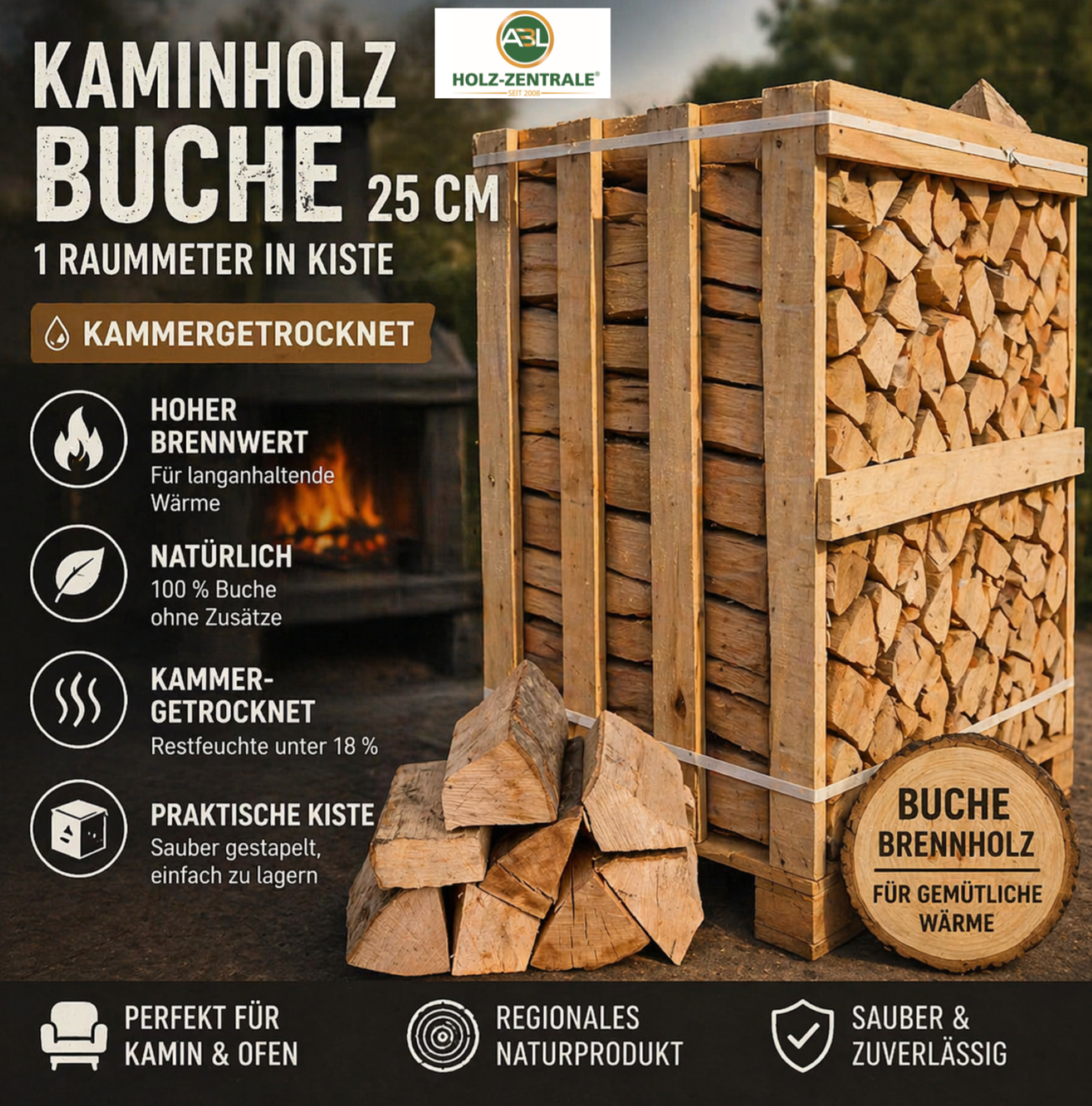 Beech firewood 25 cm – 1 cubic meter in a box, kiln-dried (80x120x205 cm)