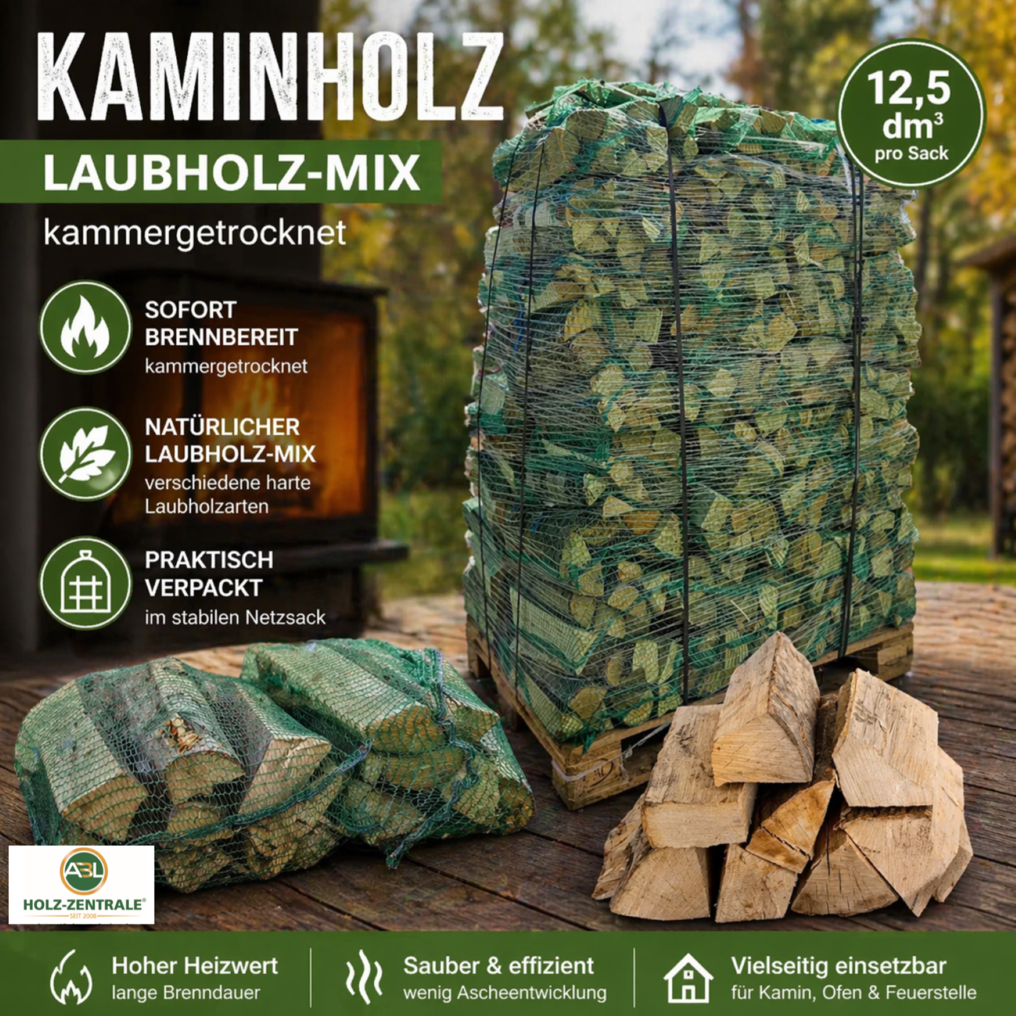 Firewood hardwood mix, kiln-dried, in a net bag 12.5 dm³