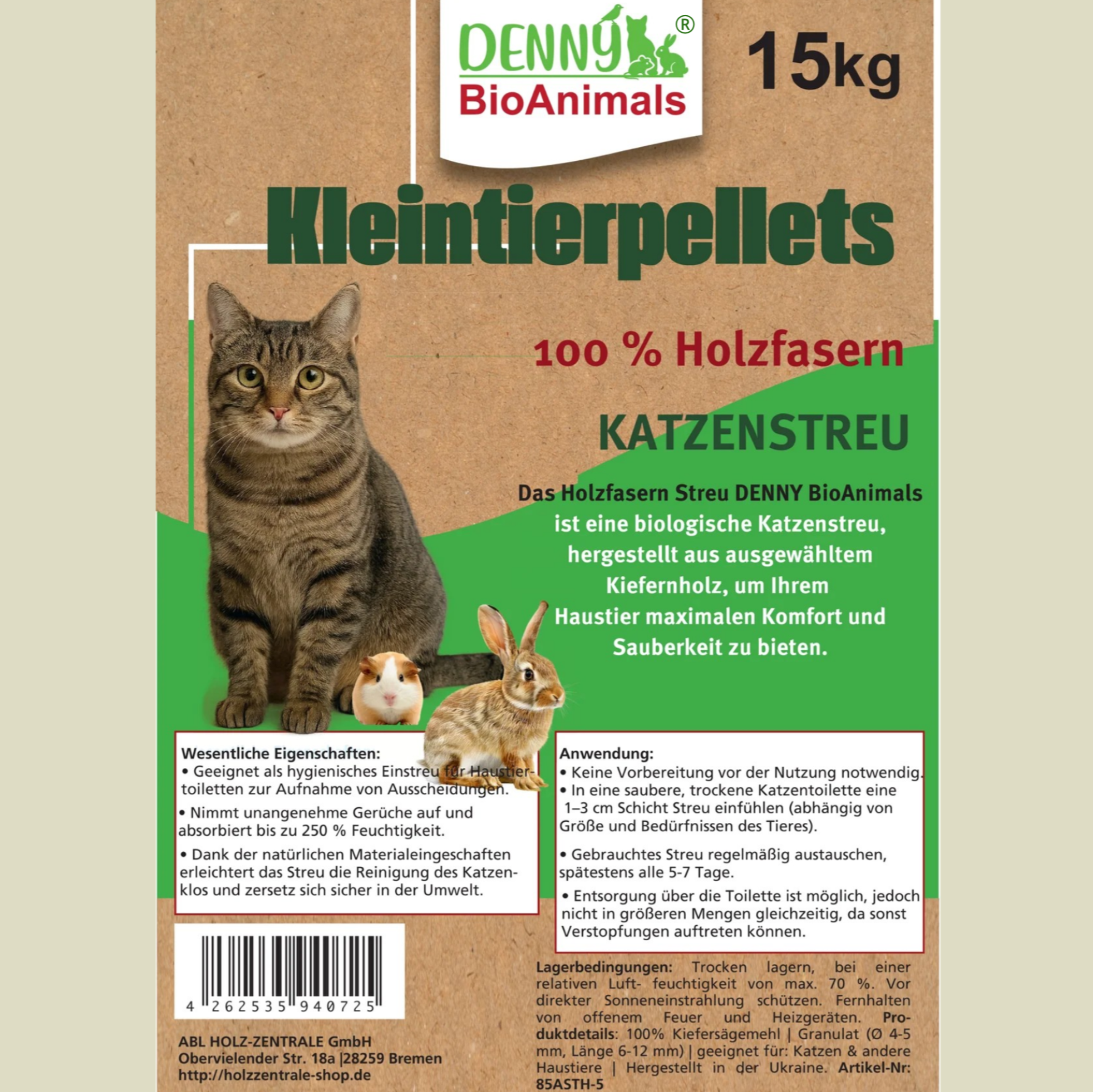 Denny BioAnimals® Kleintierstreu, Katzenstreu Holzpellets 15 kg (23 L) – 100% natürliche Einstreu für Katzen, Kaninchen, Hamster & Meerschweinchen – Staubfrei, Saugstark, Geruchsbindend, Öko Kiefernholz